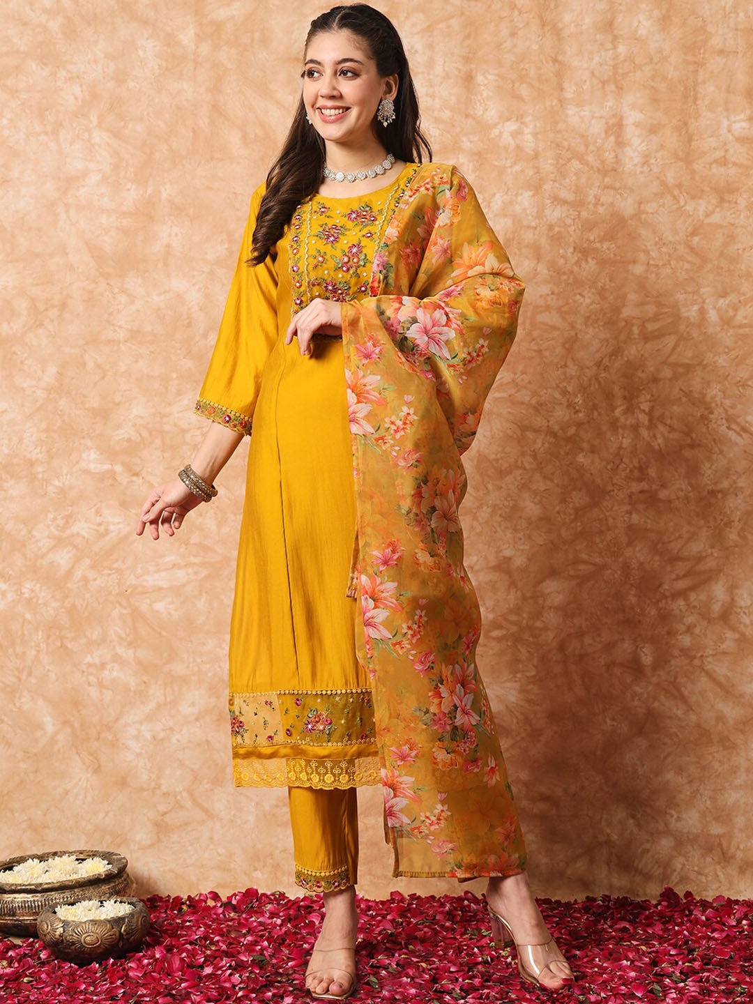 

NIZA FASHION Ethnic Motifs Embroidered Thread Work Kurta With Trouser & Dupatta, Yellow