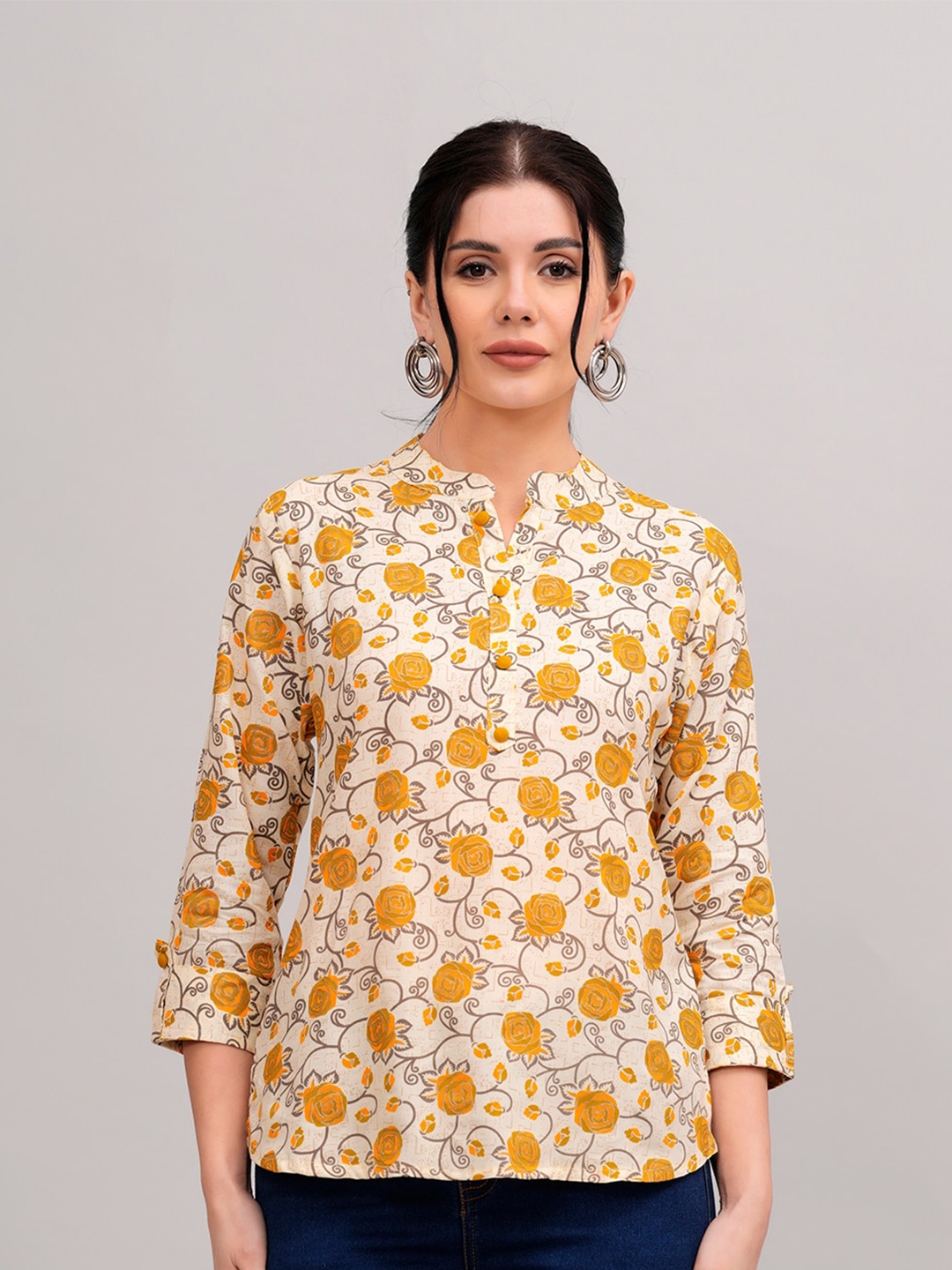 

KALINI Floral Printed Puff Sleeve Top, Mustard