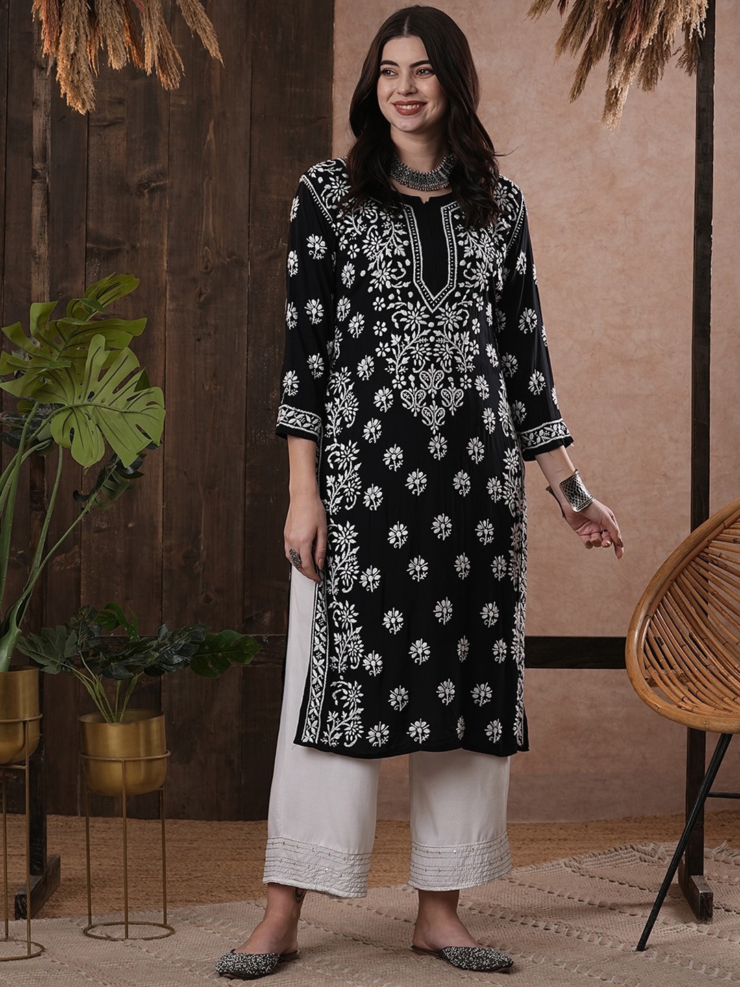 

ADA Ethnic Motifs Embroidered Round Neck Chikankari Modal Kurta, Black