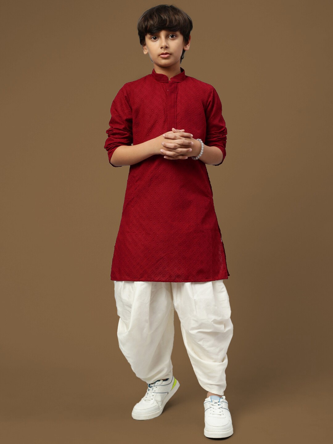 

Sanwara Boys Ethnic Motifs Embroidered Regular Chikankari Kurta With Dhoti Pant, Maroon