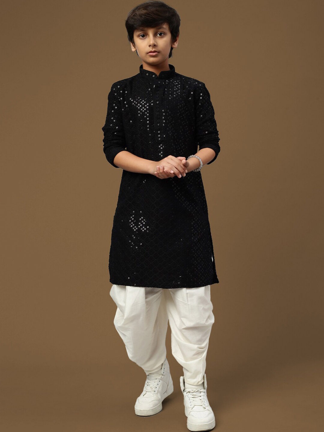 

Sanwara Dazzling Boys Ethnic Motifs Embroidered Regular Sequinned Kurta With Dhoti Pant, Black