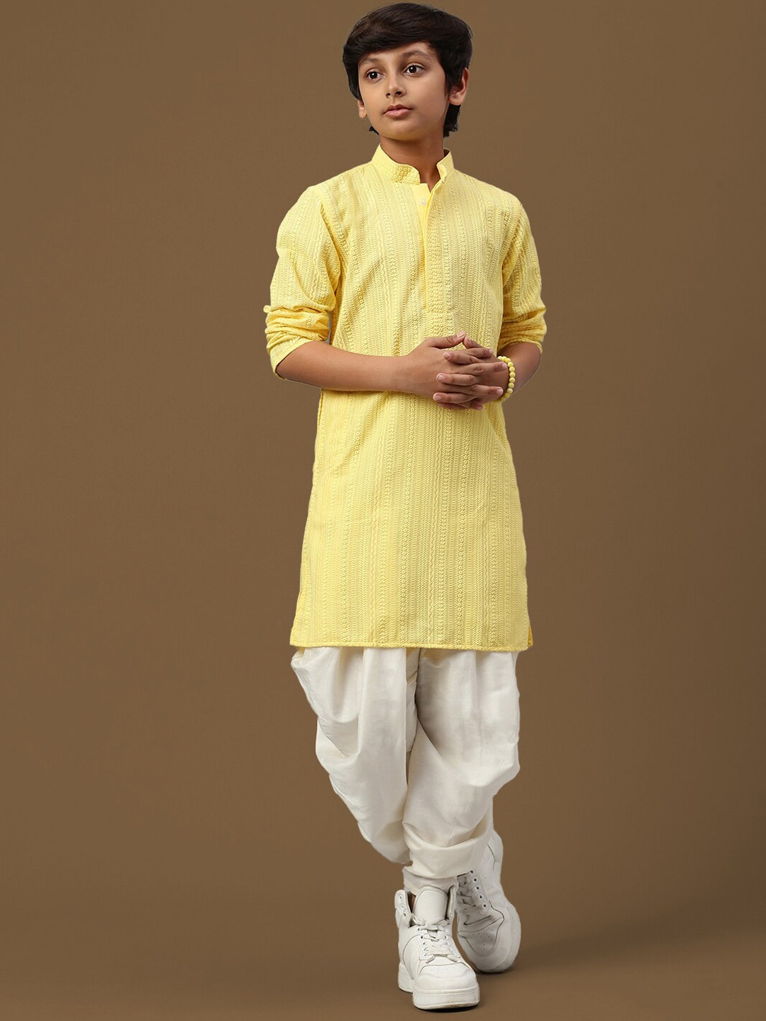 

Sanwara Boys Ethnic Motifs Embroidered Regular Chikankari Kurta With Dhoti Pants, Yellow