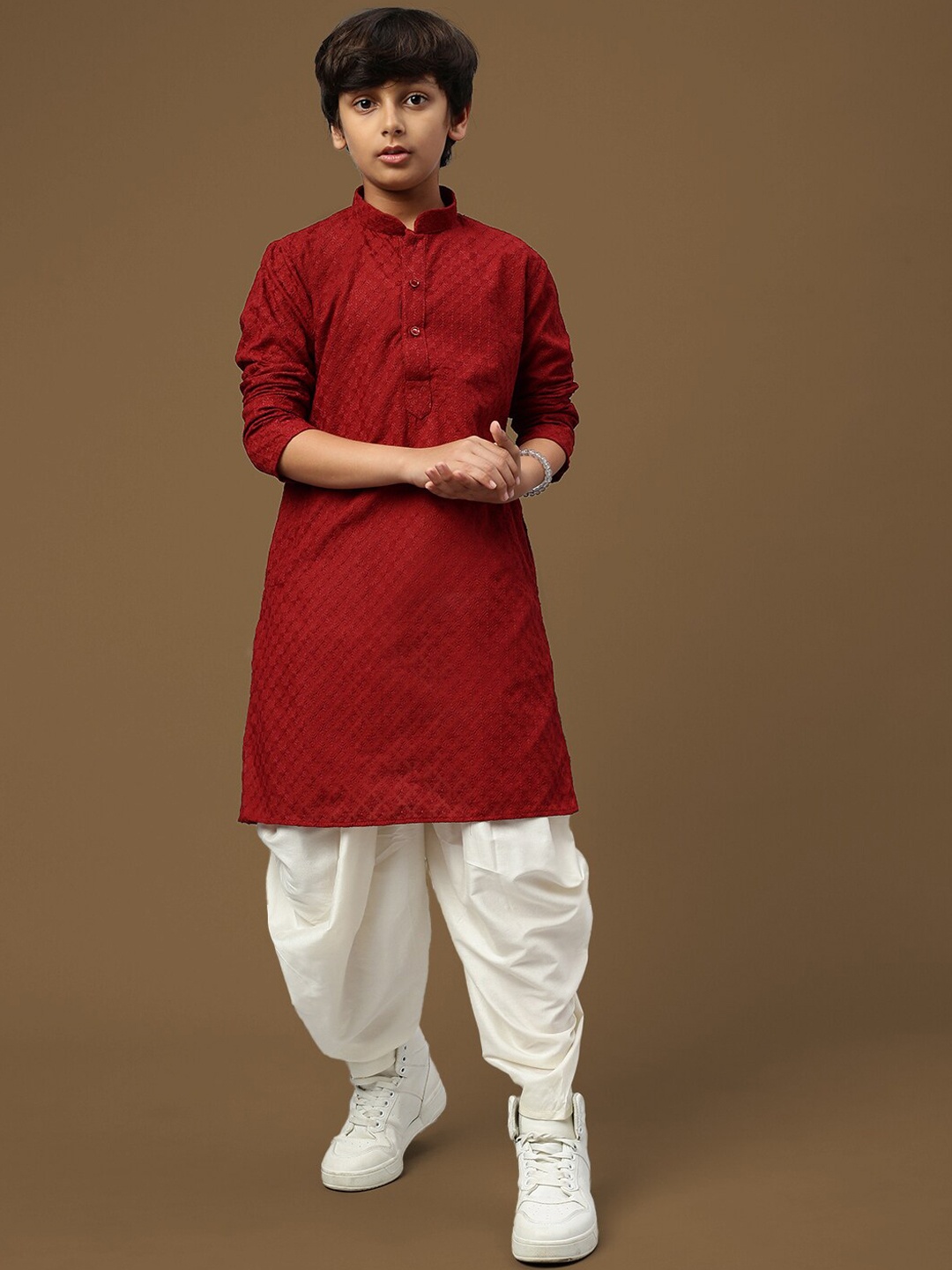 

Sanwara Boys Ethnic Motifs Embroidered Straight Chikankari Kurta with Dhoti Pants, Maroon