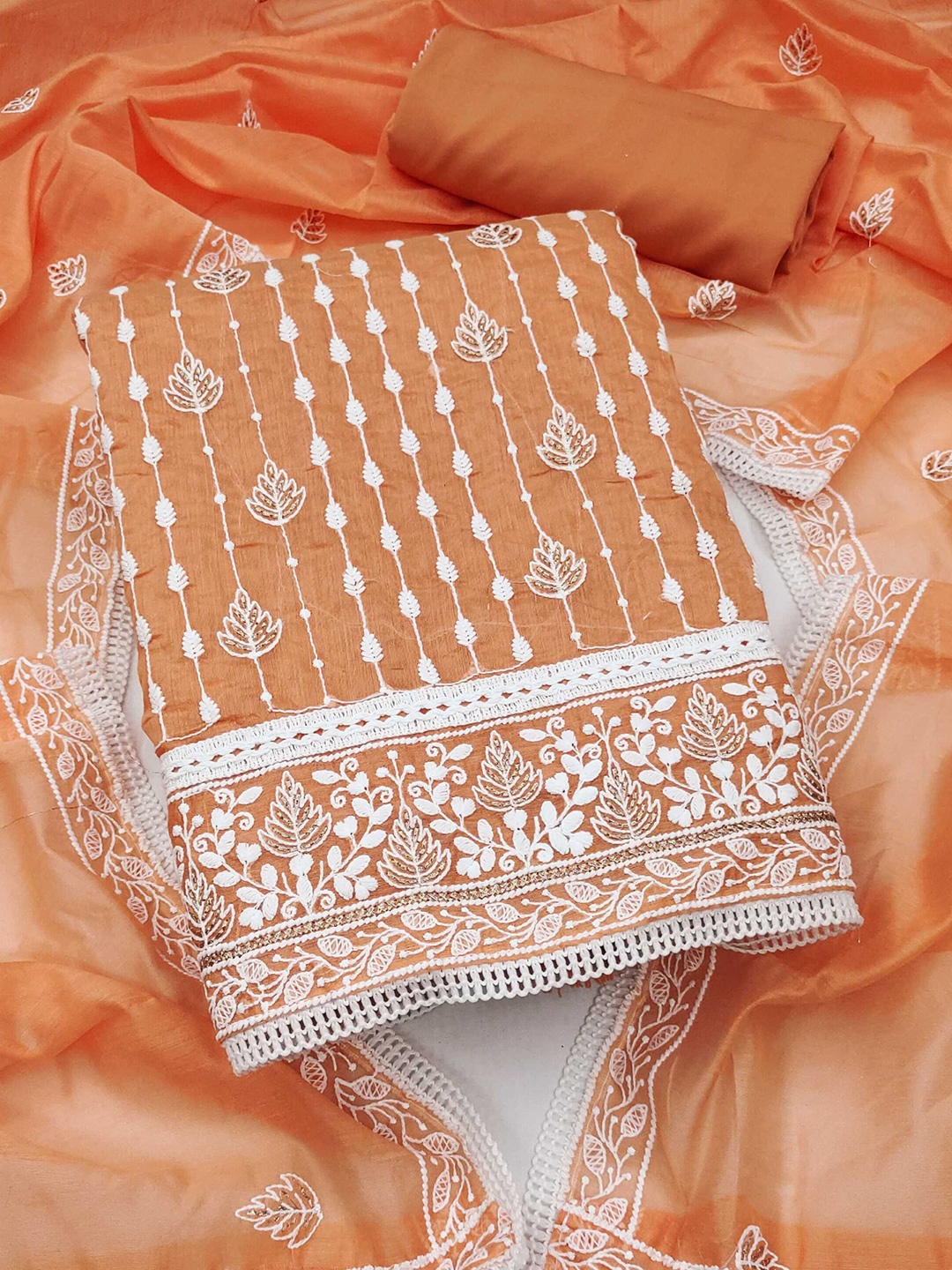 

Panzora Ethnic Motifs Embroidered Art Silk Unstitched Dress Material, Orange