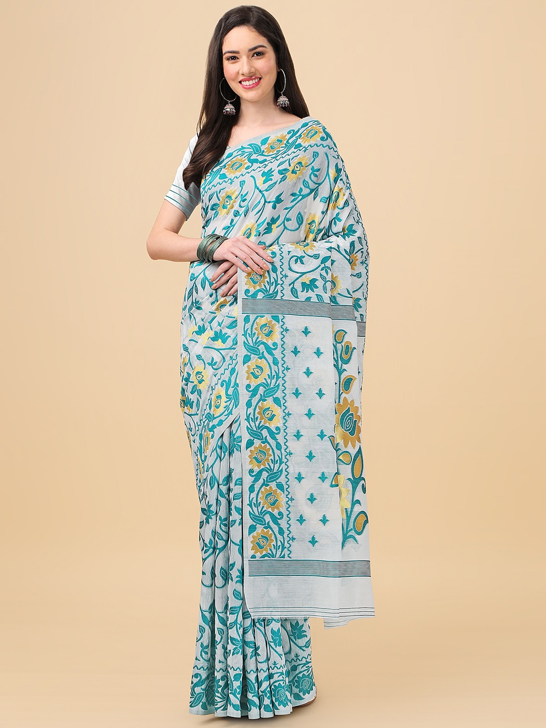 

ANISSA SAREE Floral Woven Design Jamdani Saree, Sea green