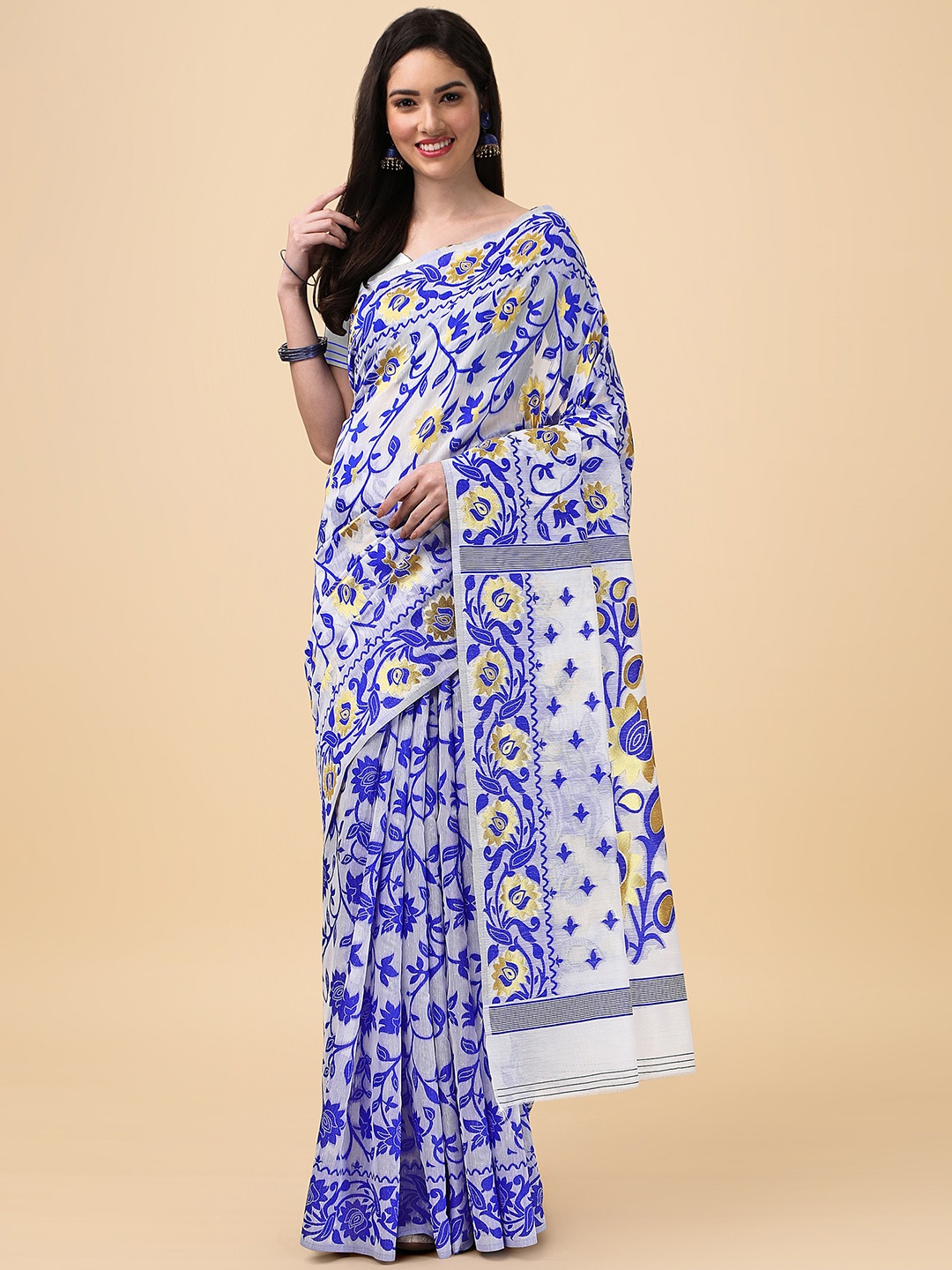 

ANISSA SAREE Floral Woven Design Jamdani Saree, Blue