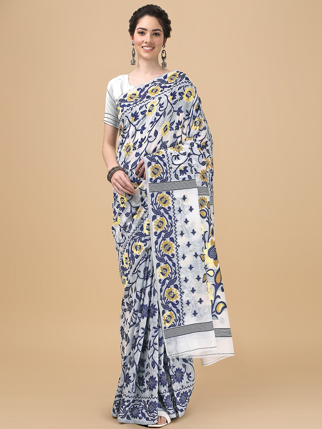 

ANISSA SAREE Floral Woven Design Jamdani Saree, Navy blue