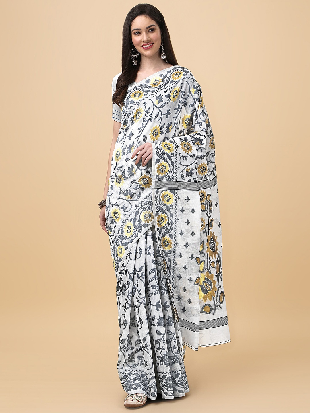 

ANISSA SAREE Floral Woven Design Jamdani Saree, Grey