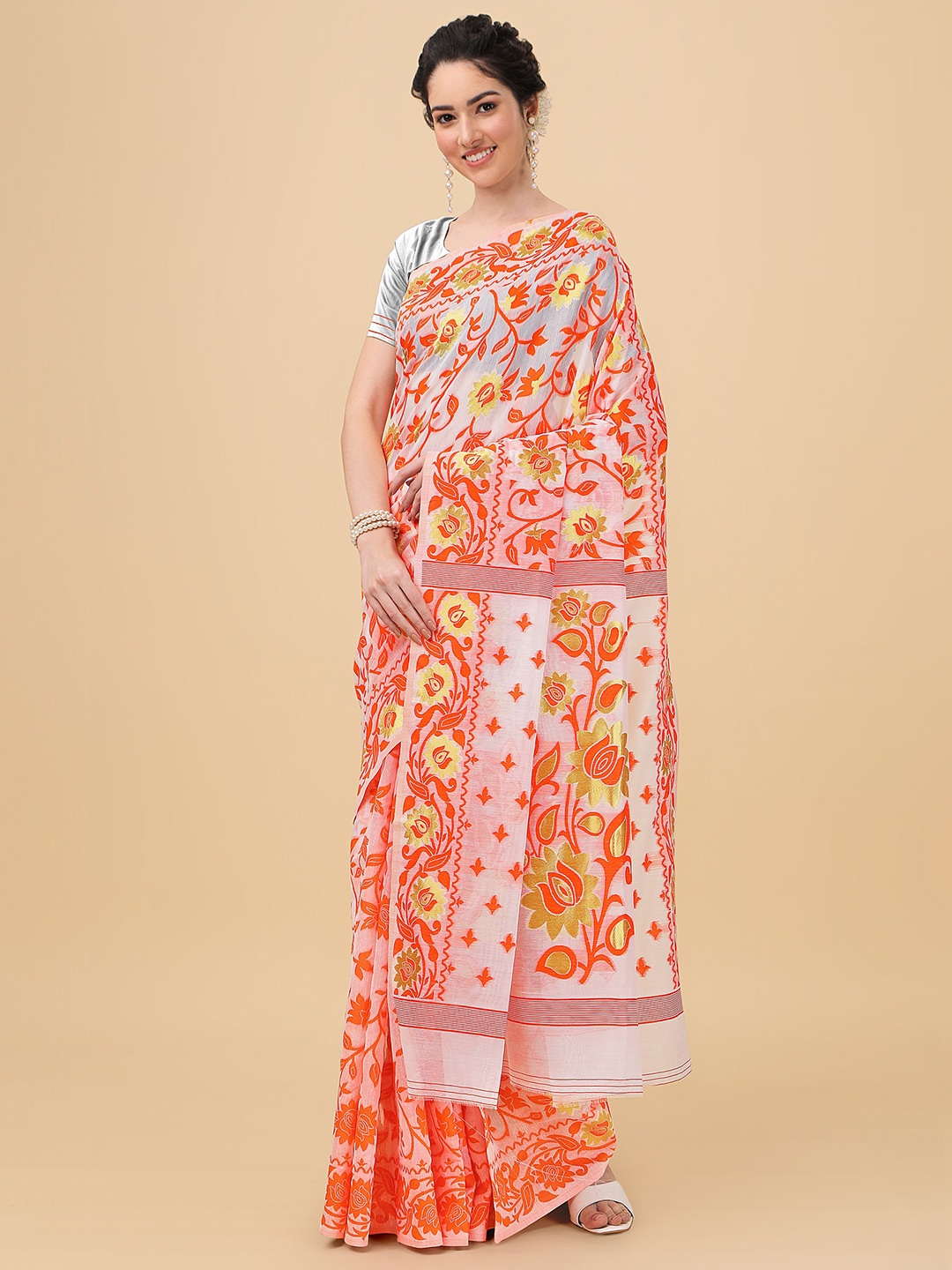 

ANISSA SAREE Floral Woven Design Jamdani Saree, Orange