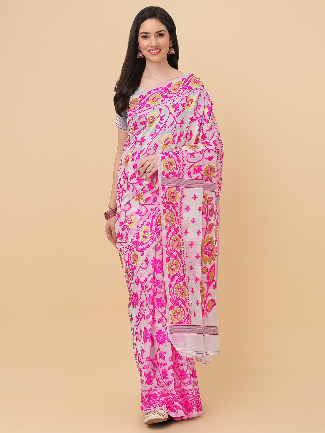 

ANISSA SAREE Floral Woven Design Jamdani Saree, Pink