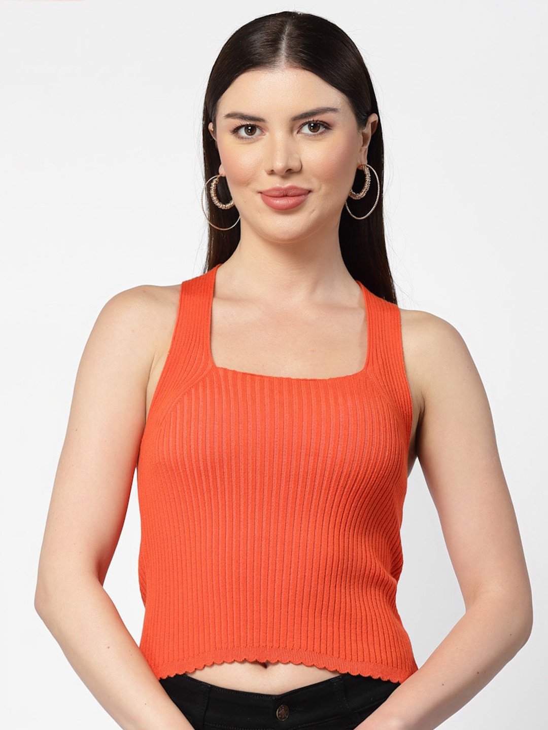 

Kalt Striped Square Neck Sleeveless Fitted Crop Top, Orange
