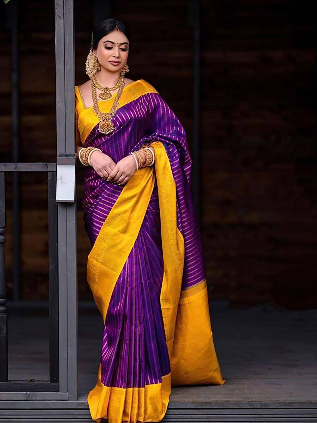 

KALINI Striped Woven Design Zari Banarasi Saree, Purple