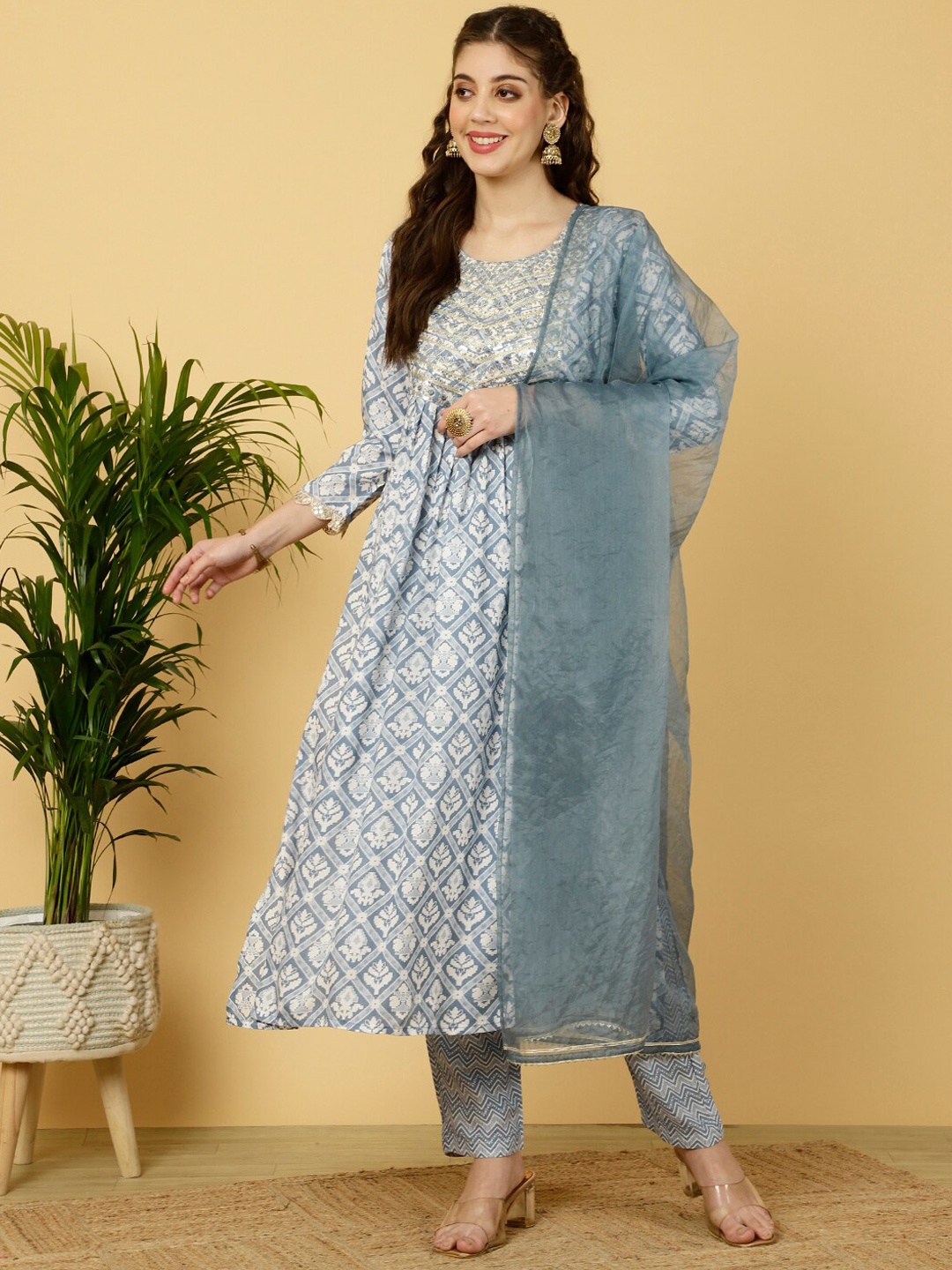 

KALINI Floral Printed Embroidered Anarkali Kurta with Palazzos & Dupatta, Blue