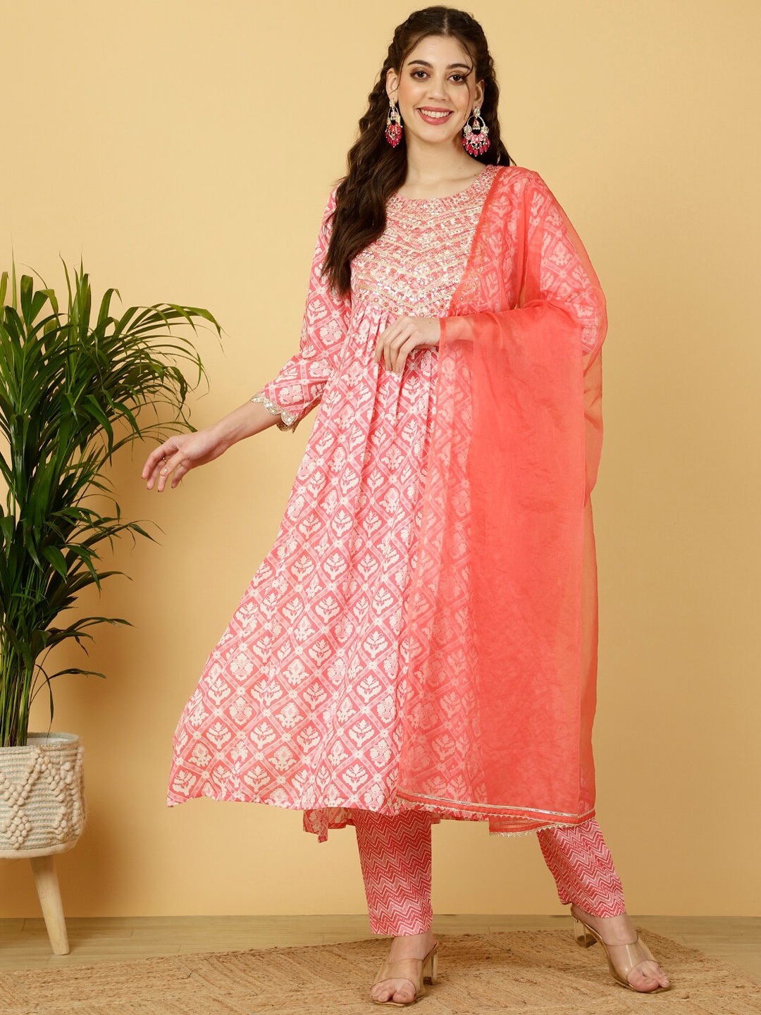 

KALINI Ethnic Motifs Printed Thread Work Kurta with Trousers & Dupatta, Pink