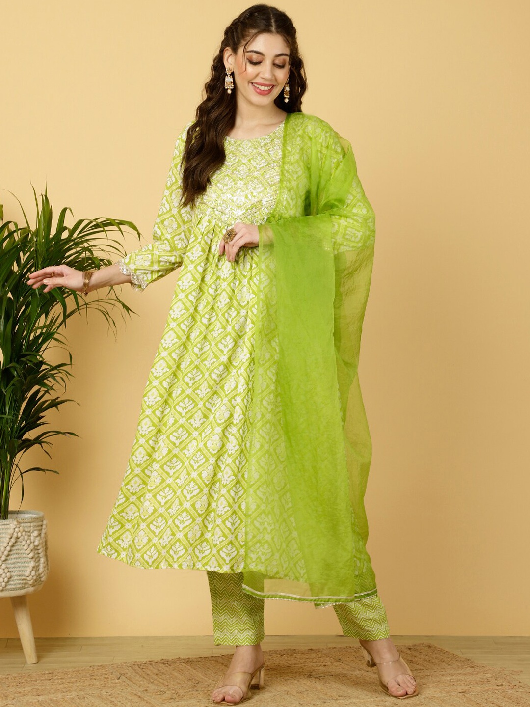 

KALINI Floral Embroidered Regular Thread Work Kurta With Trousers & Dupatta, Lime green