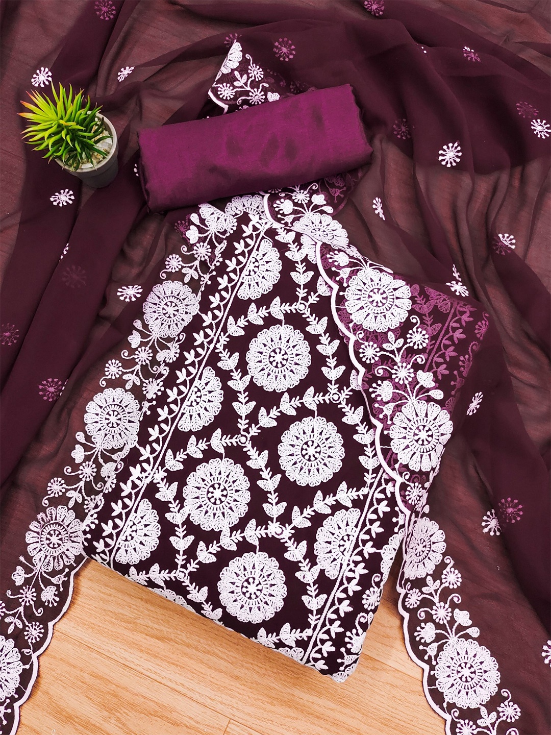 

Panzora Floral Embroidered Unstitched Dress Material, Purple