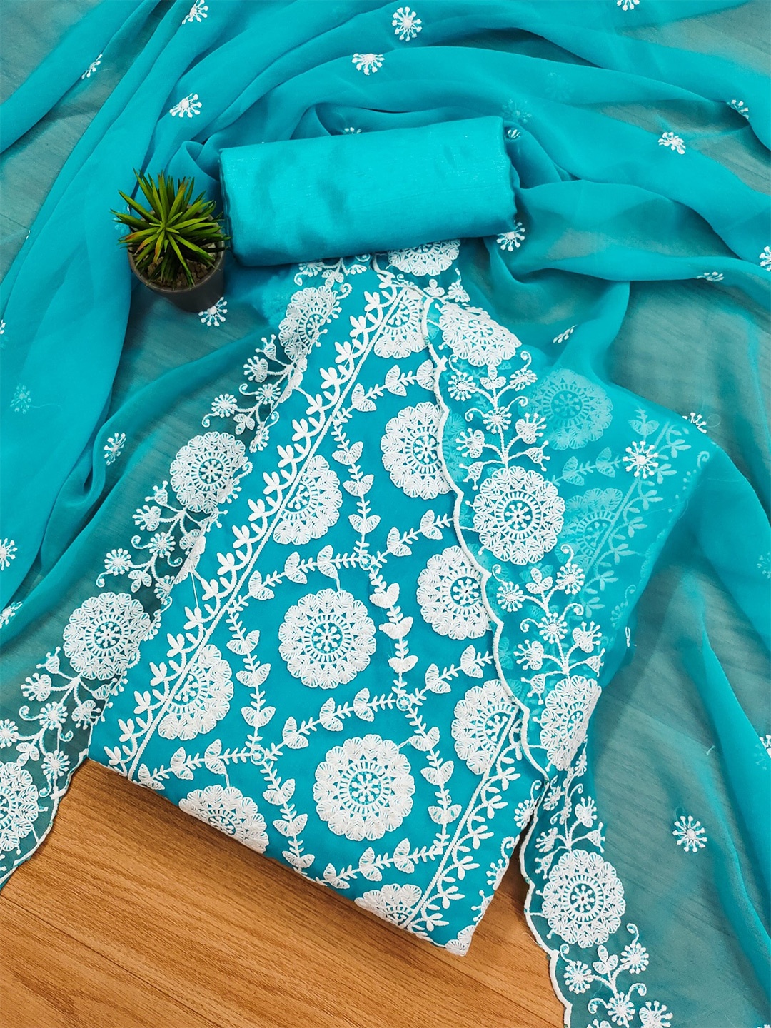 

Panzora Floral Embroidered Unstitched Dress Material, Blue