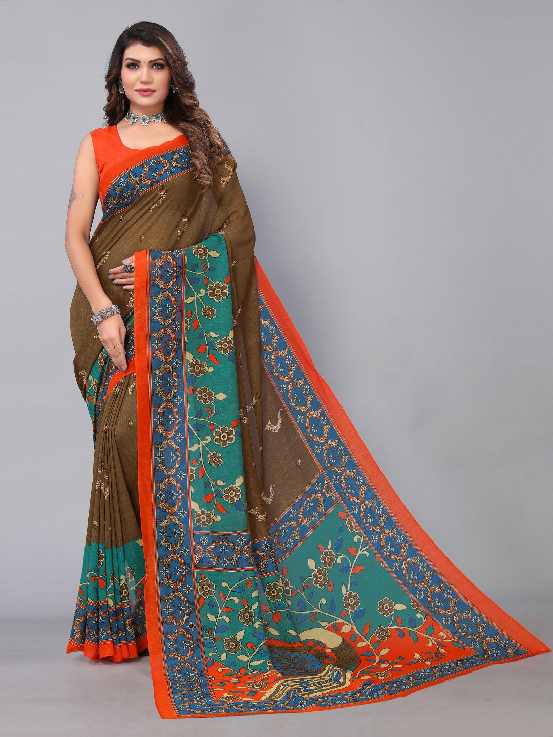 

HRITIKA Olive Green and Orange Ethnic Motifs Brasso Saree