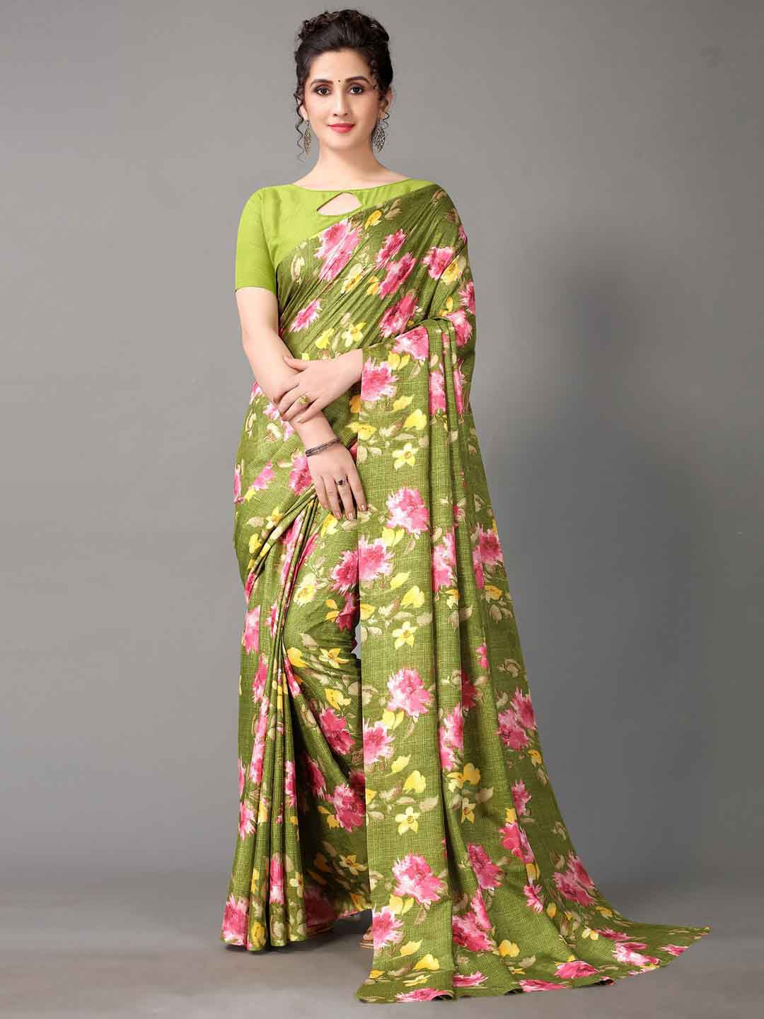 

HRITIKA Green and Pink Floral Printed Art Silk Saree