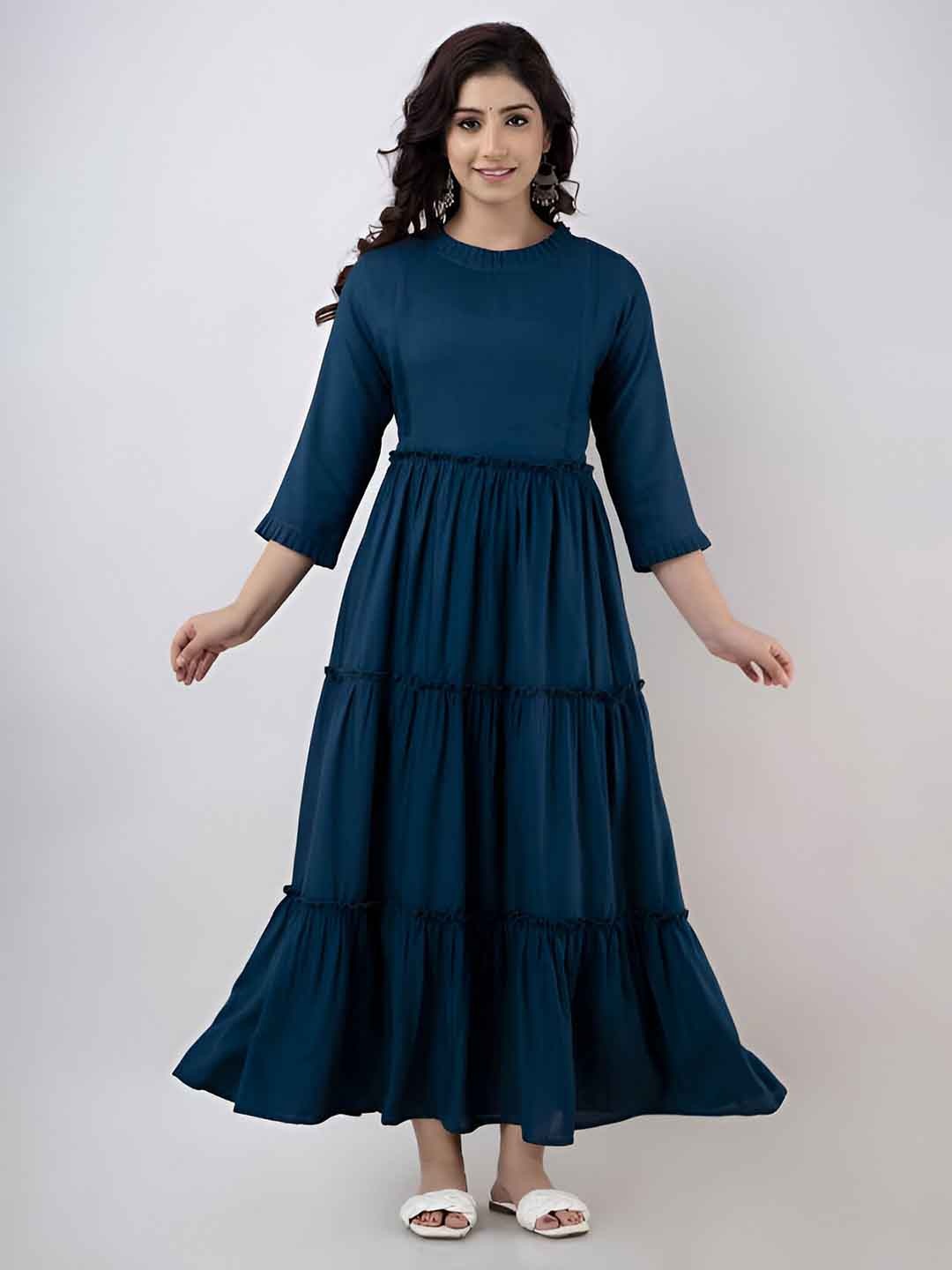 

BAESD Round Neck Three-Quarter Sleeves Opaque Maxi Dress, Blue