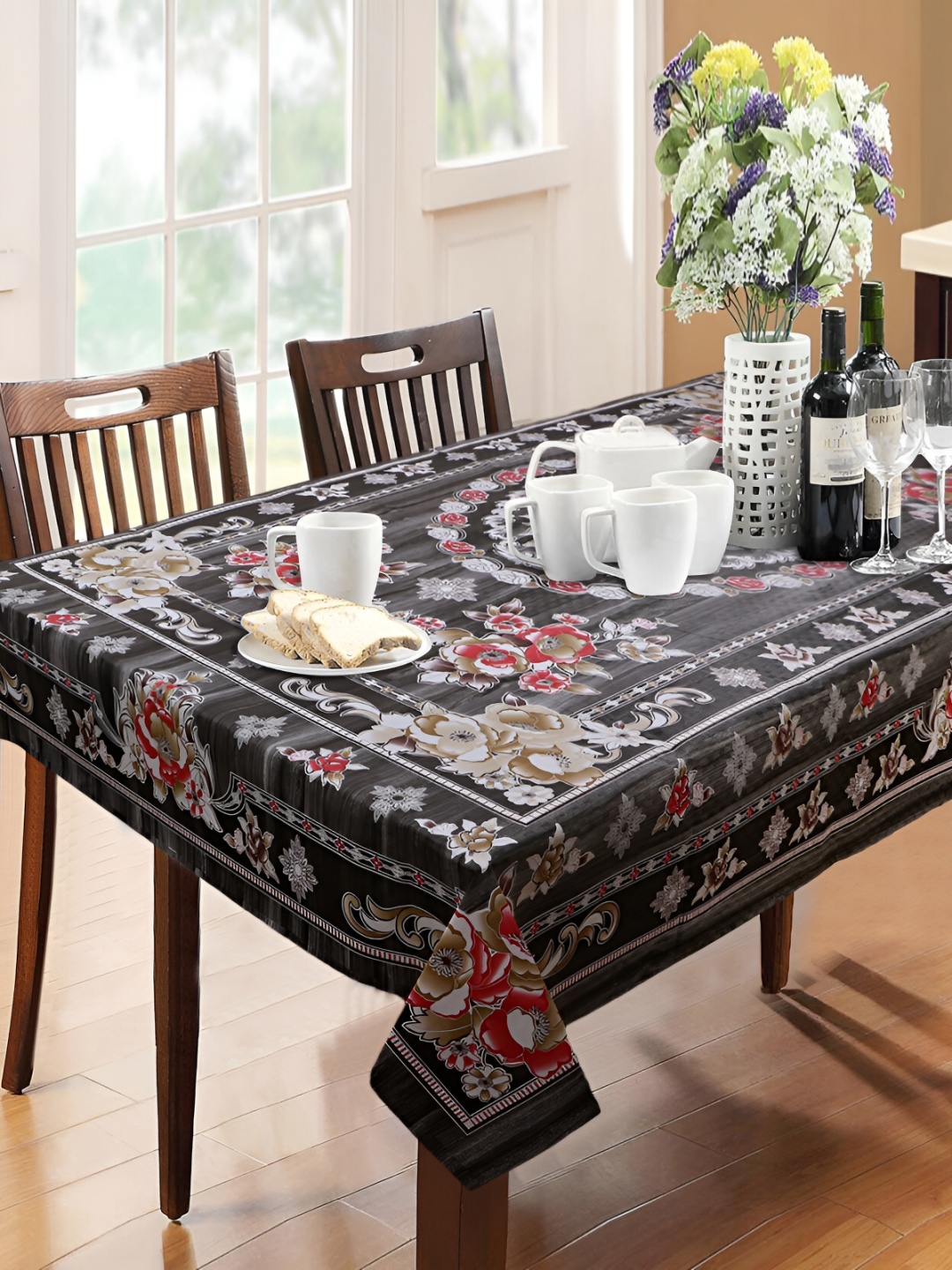 

Dakshya Industries Black Floral Waterproof 6-Seater Table Cover