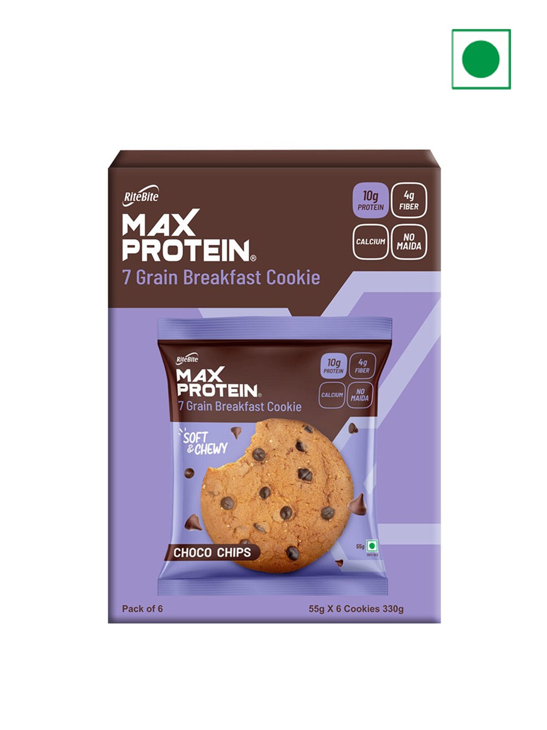 

Ritebite Max Protein Pack Of 6 Choco Chip Cookies -55g, Purple