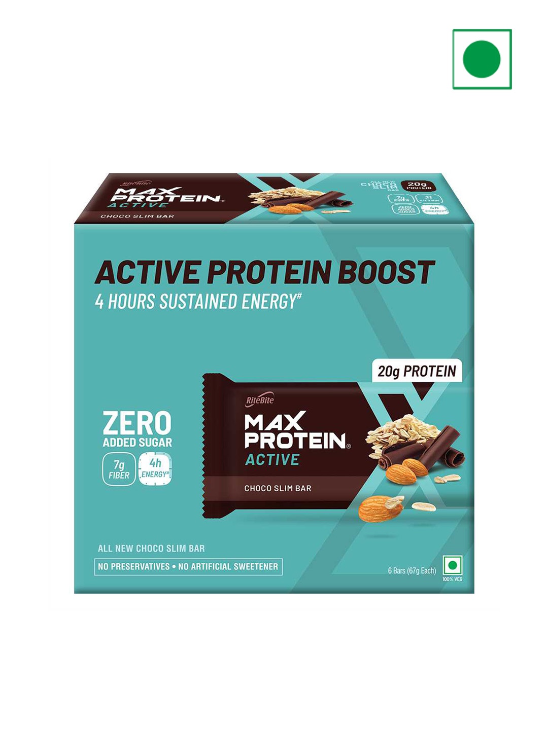 

Ritebite Max Protein Pack Of 6 Active Choco Slim Protein Bars- 67 gm Each, Green