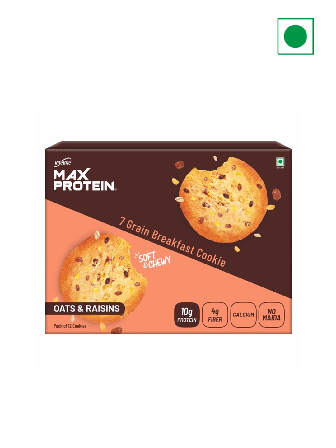 

Ritebite Max Protein Pack Of 12 Oats & Raisins Cookies-55g, Purple