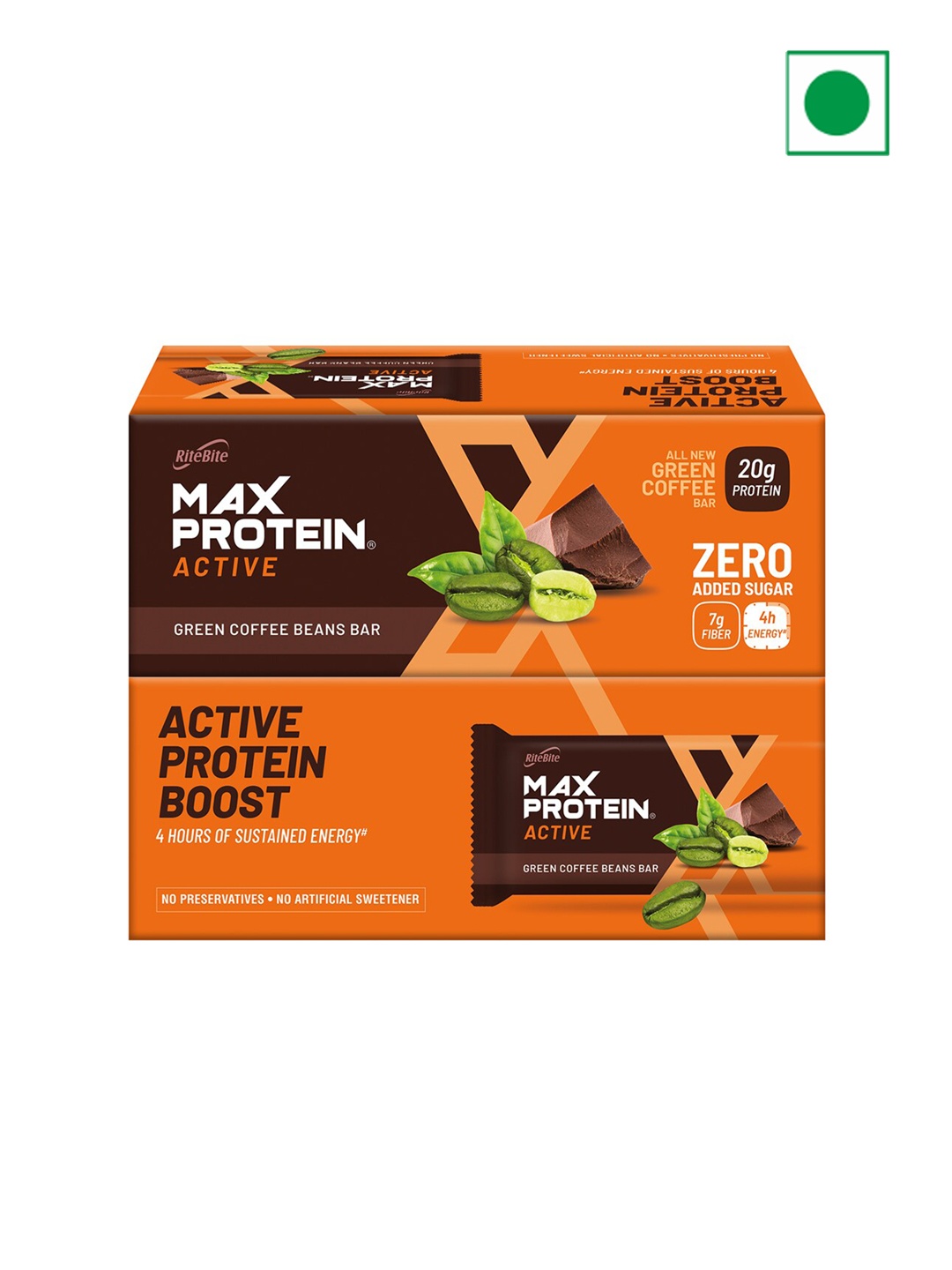 

Ritebite Max Protein Pack Of 12 Active Green Coffee Protein Bar -20g, Orange