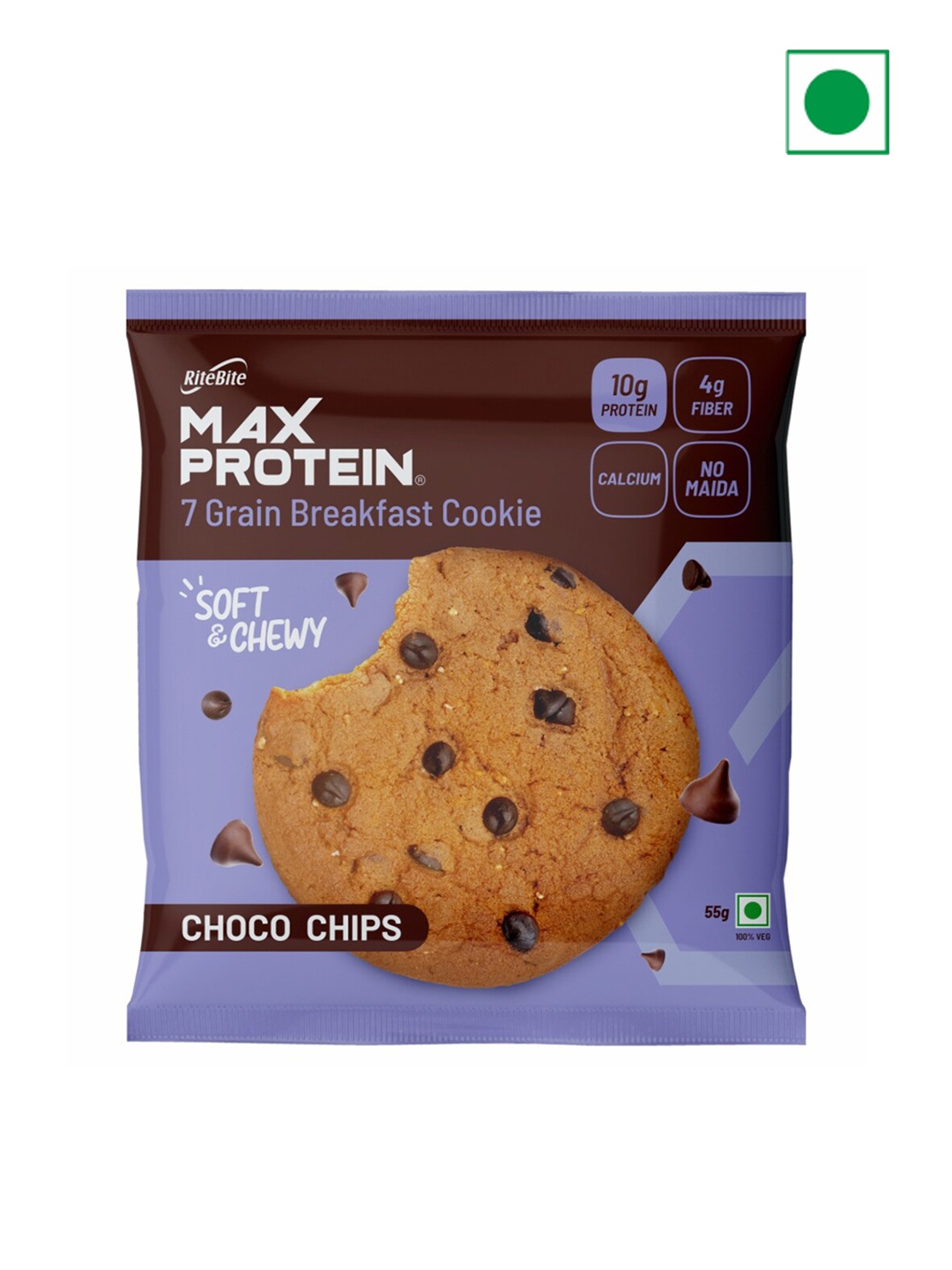 

Ritebite Max Protein Pack Of 12 Choco Chip Cookies 55g Each, Purple