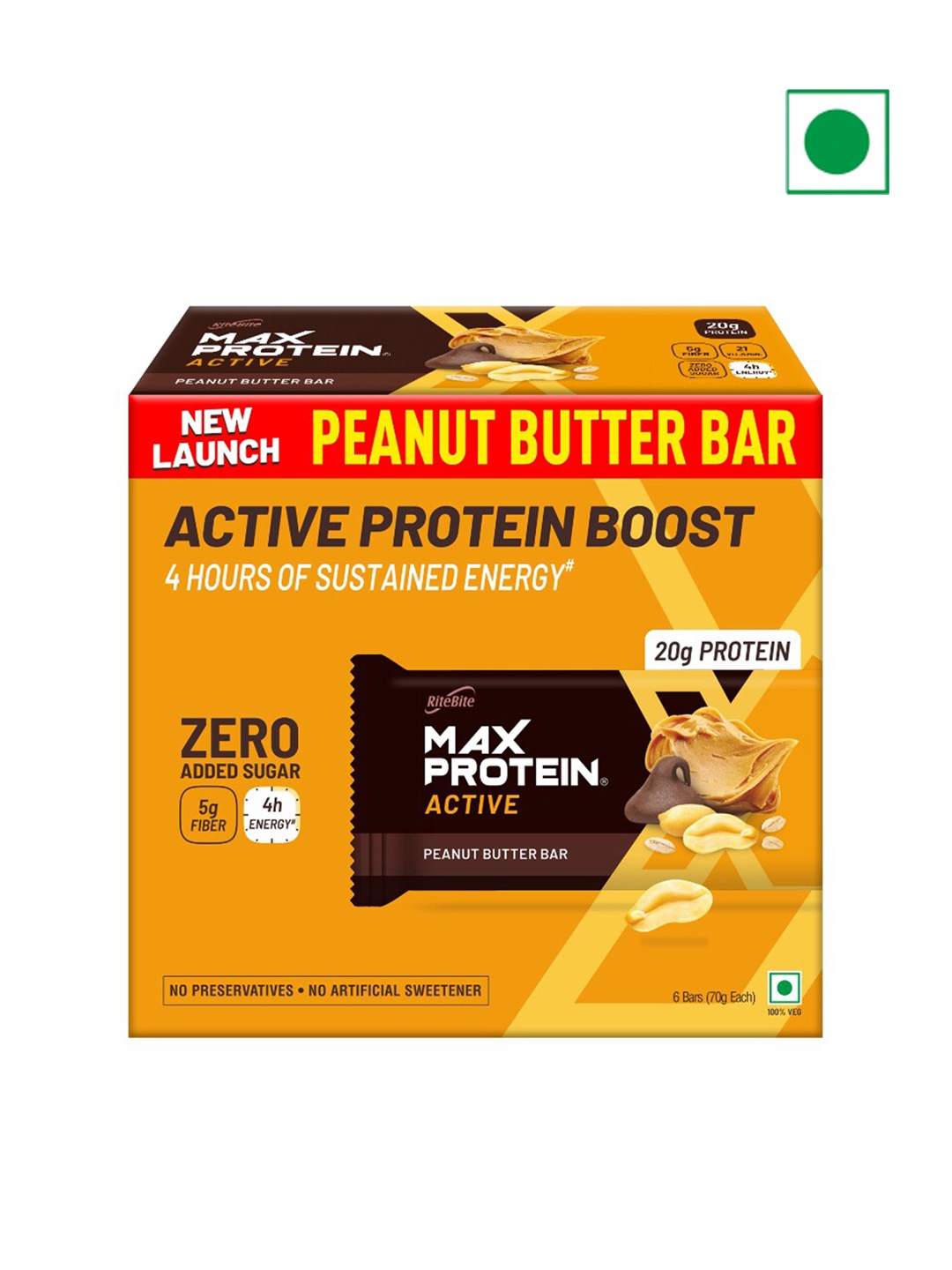 

Ritebite Max Protein Pack of 6 Peanut Butter Protein Bars - 70 gm each, Orange