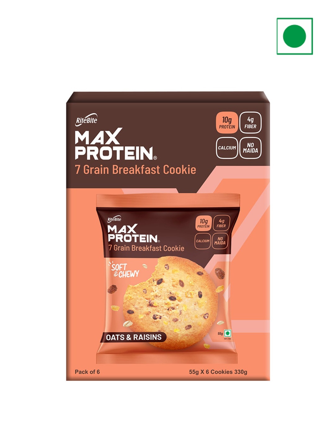 

Ritebite Max Protein Oats & Raisins Cookies 330g, Peach