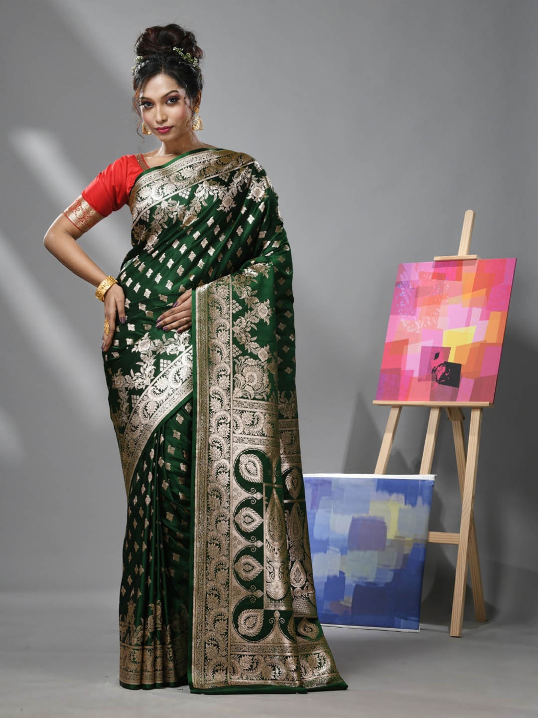 

Charukriti Ethnic Woven Design Zari Pure Silk Banarasi Saree, Green