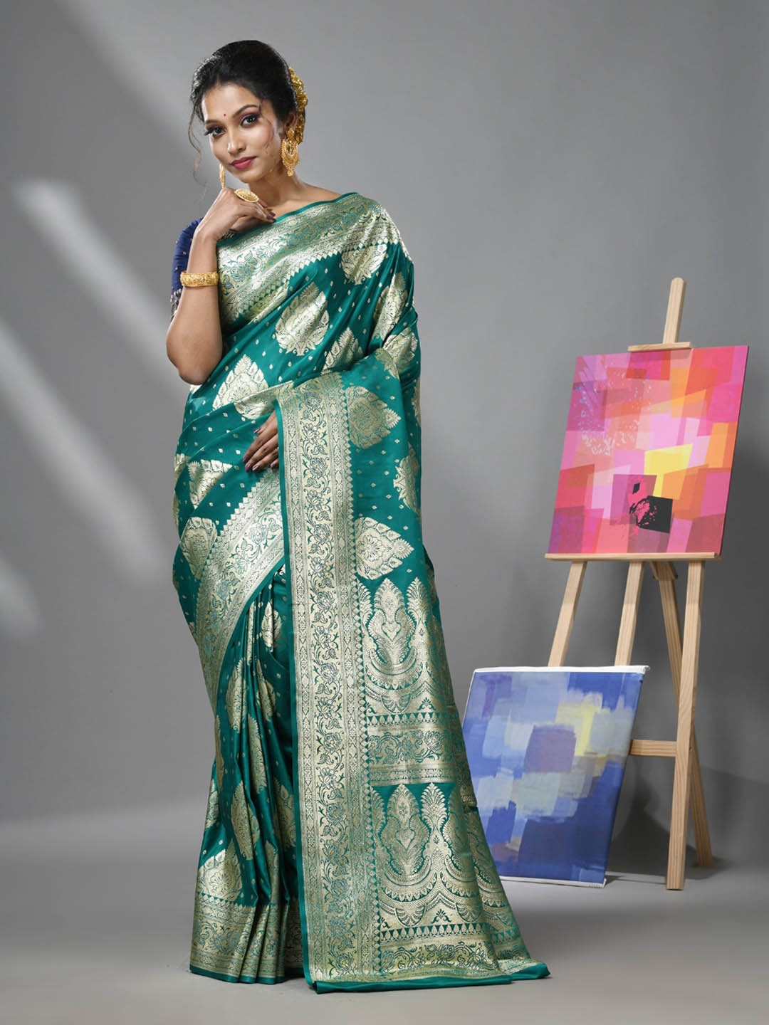 

Charukriti Ethnic Woven Design Zari Pure Silk Banarasi Saree, Teal