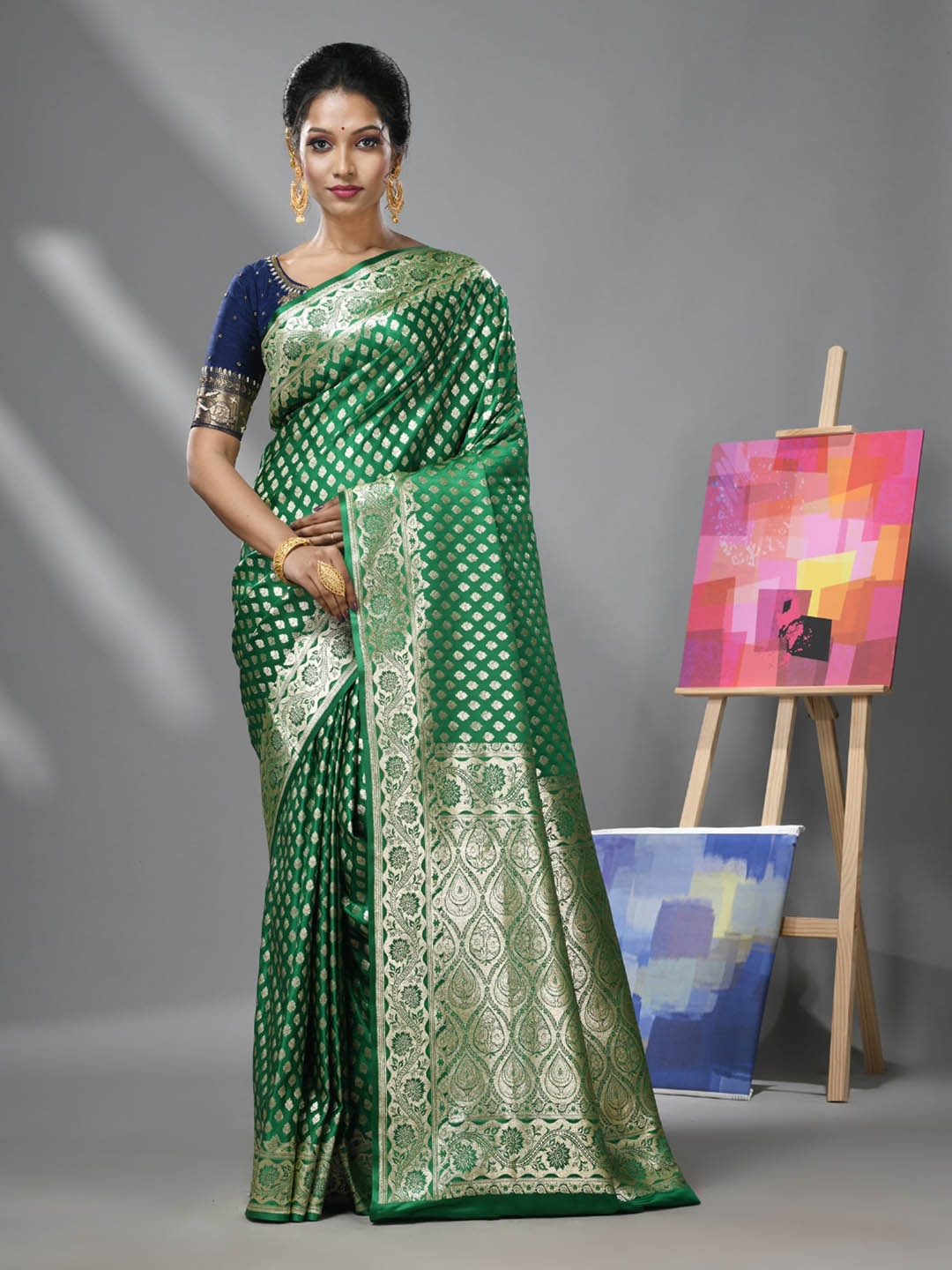 

Charukriti Ethnic Woven Design Zari Pure Silk Heavy Work Banarasi Saree, Green