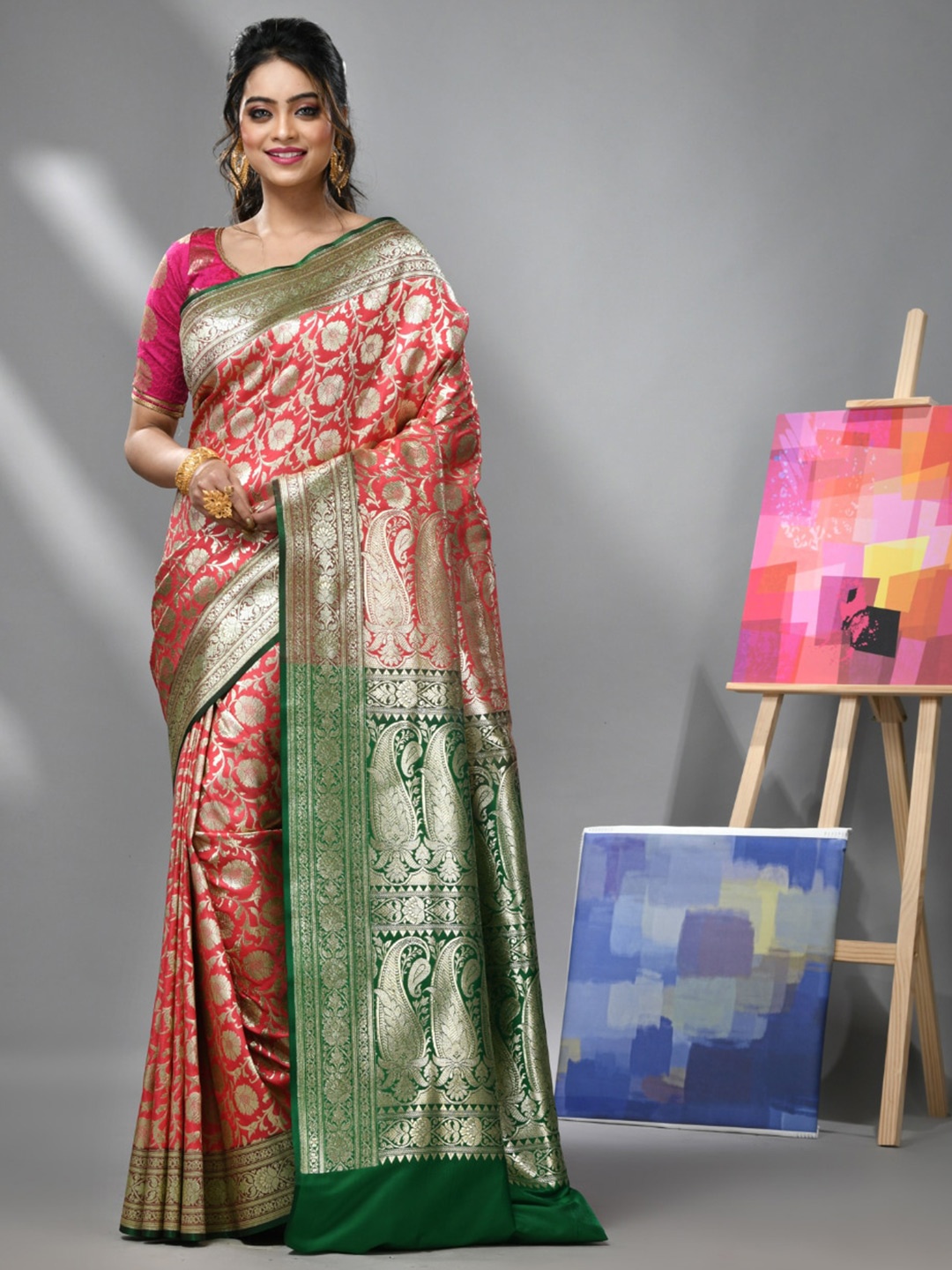 

Charukriti Floral Woven Design Banarasi Zari Saree, Pink