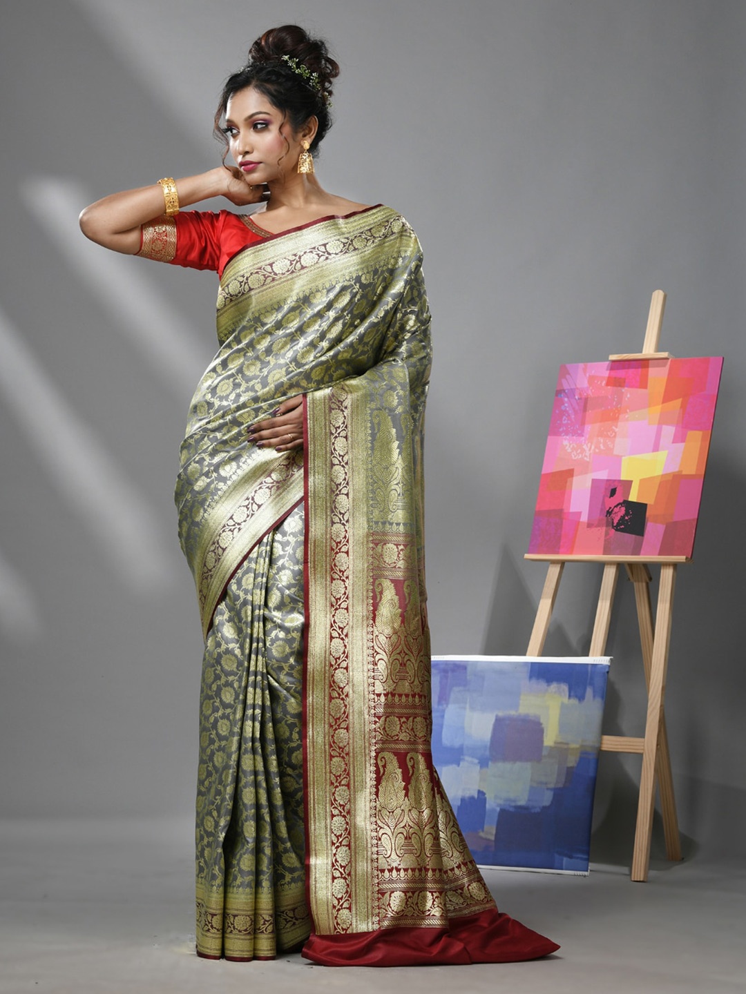 

Charukriti Floral Woven Design Banarasi Zari Saree, Grey