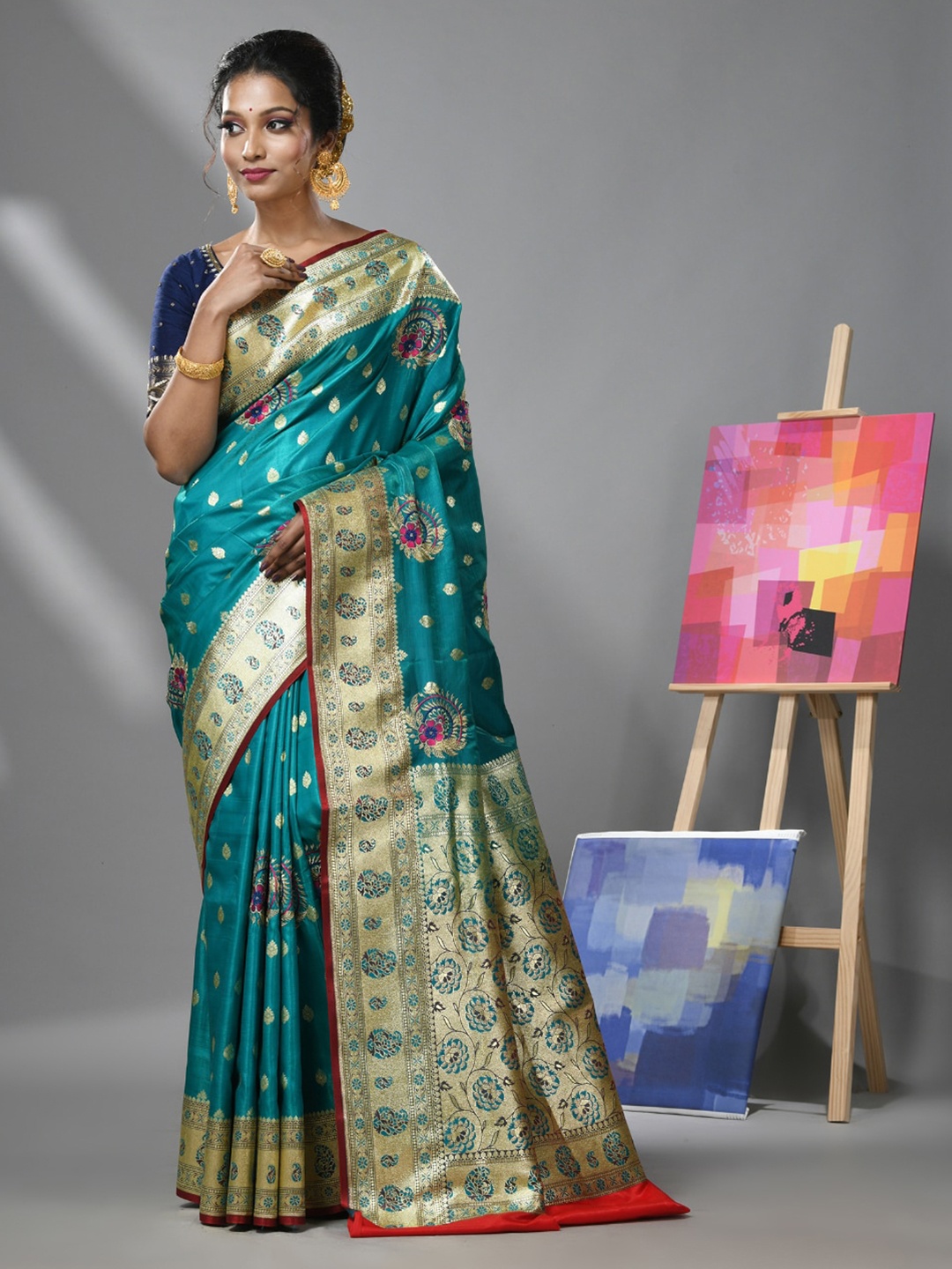 

Charukriti Ethnic Woven Design Zari Heavy Work Banarasi Saree, Teal