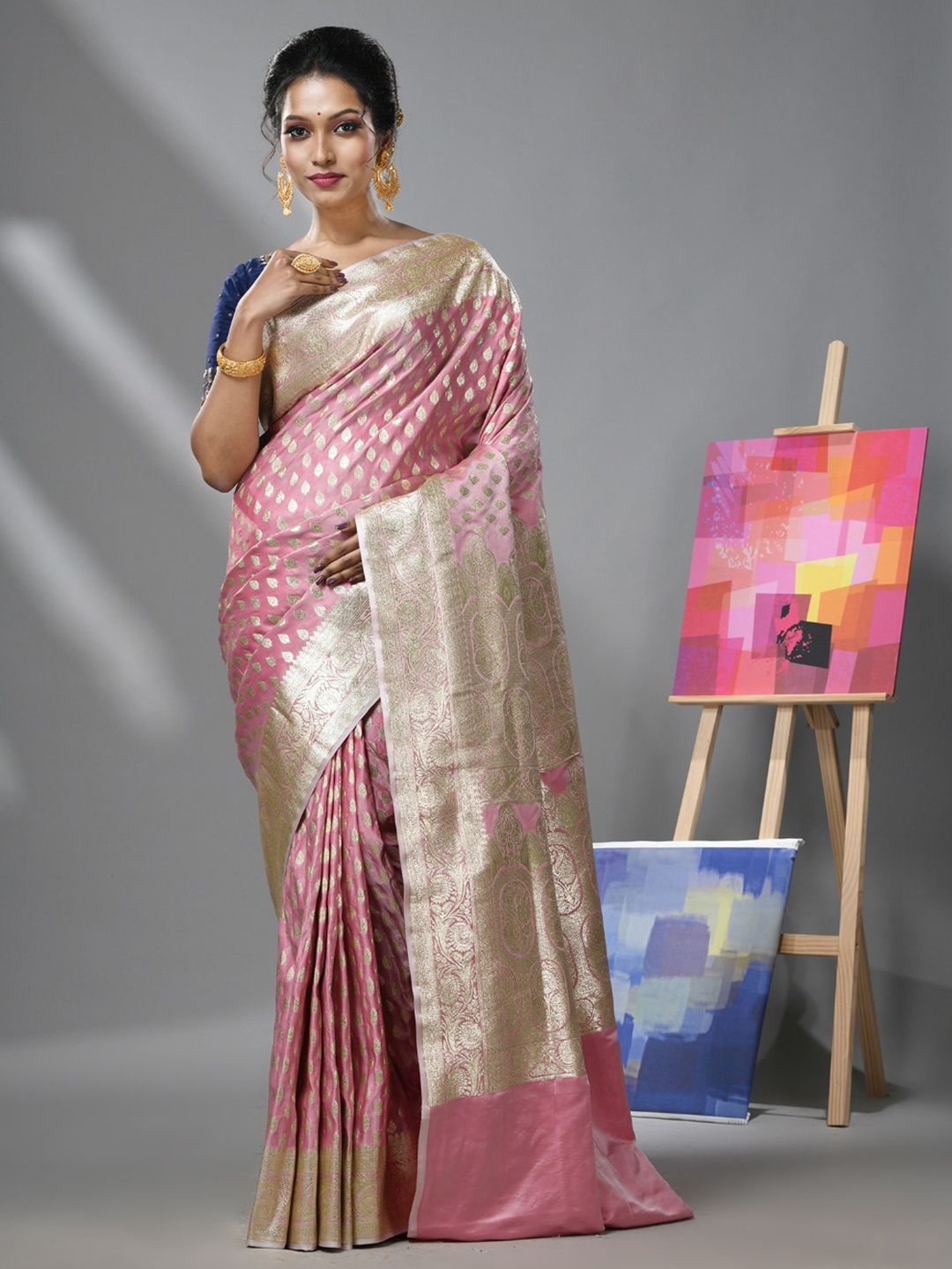 

Charukriti Ethnic Motif Woven Design Pure Silk Banarasi Pure Silk Saree, Pink