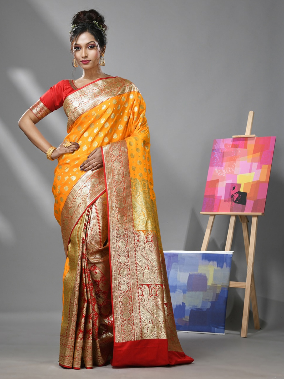 

Charukriti Ethnic Woven Design Zari Pure Silk Heavy Work Banarasi Saree, Yellow