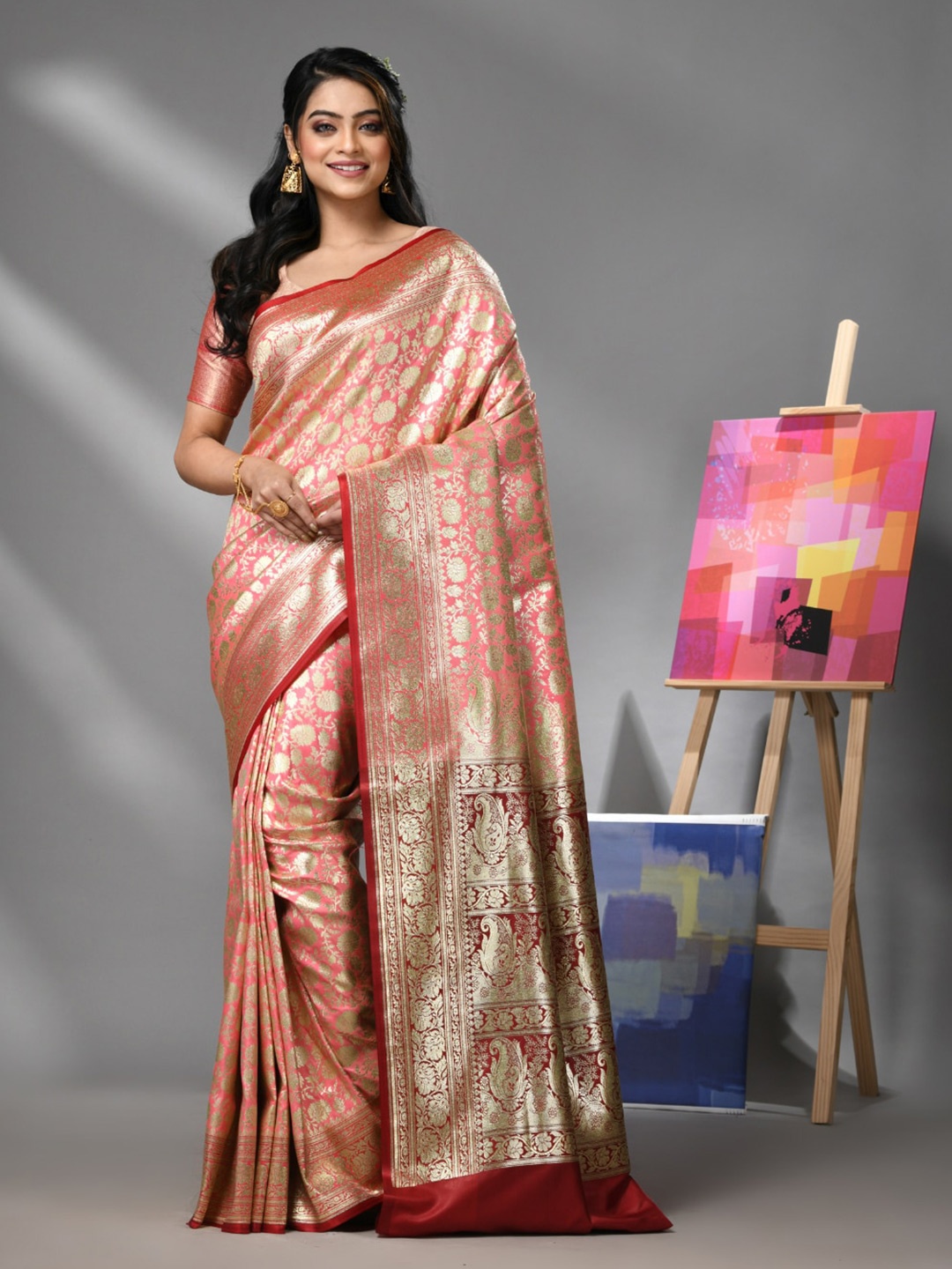 

Charukriti Floral Woven Design Banarasi Zari Saree, Pink