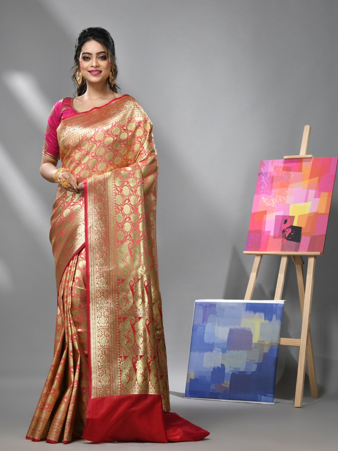 

Charukriti Floral Woven Design Banarasi Zari Saree, Pink