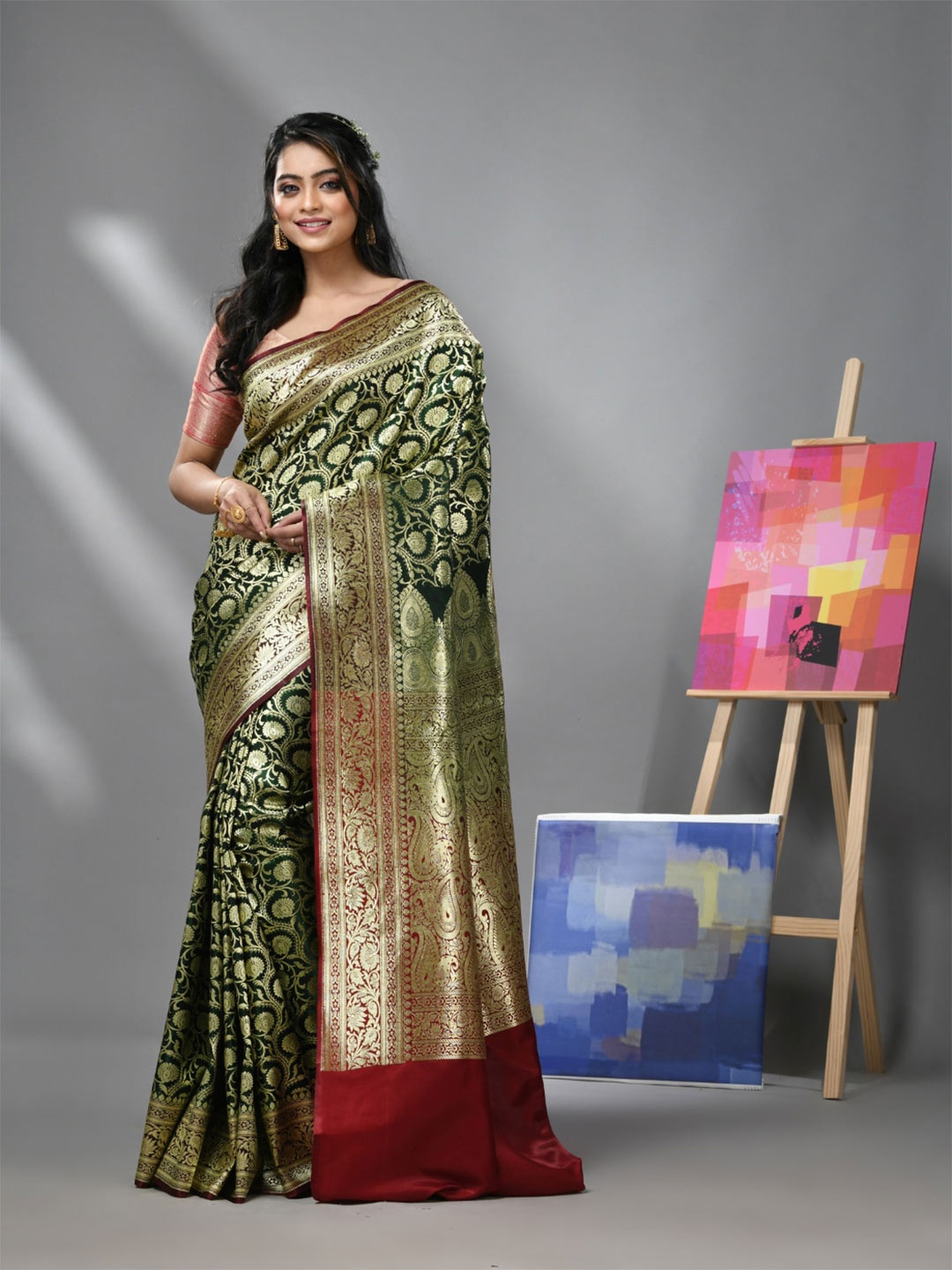 

Charukriti Floral Woven Design Banarasi Zari Saree, Green