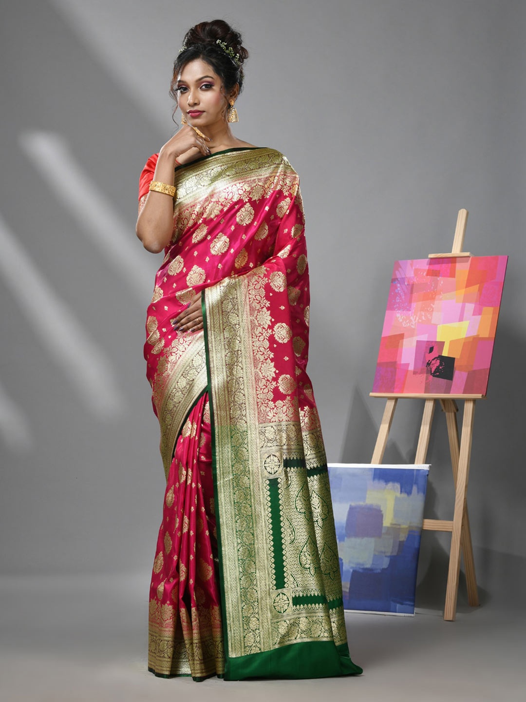 

Charukriti Ethnic Woven Design Zari Heavy Work Banarasi Saree, Pink