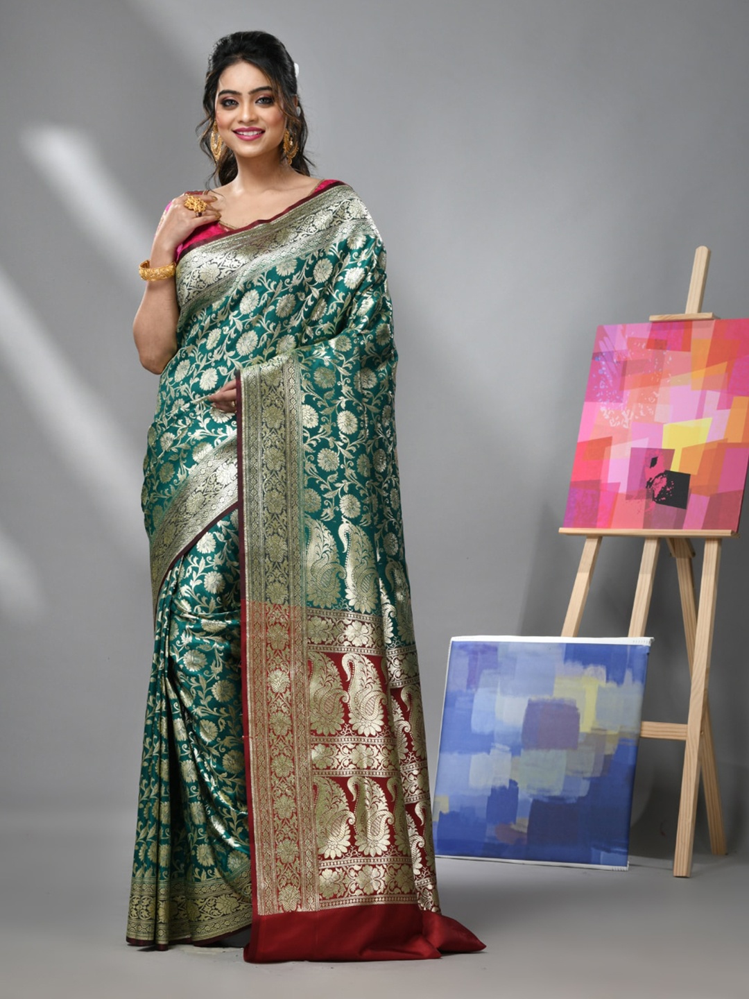 

Charukriti Floral Woven Design Banarasi Zari Saree, Teal