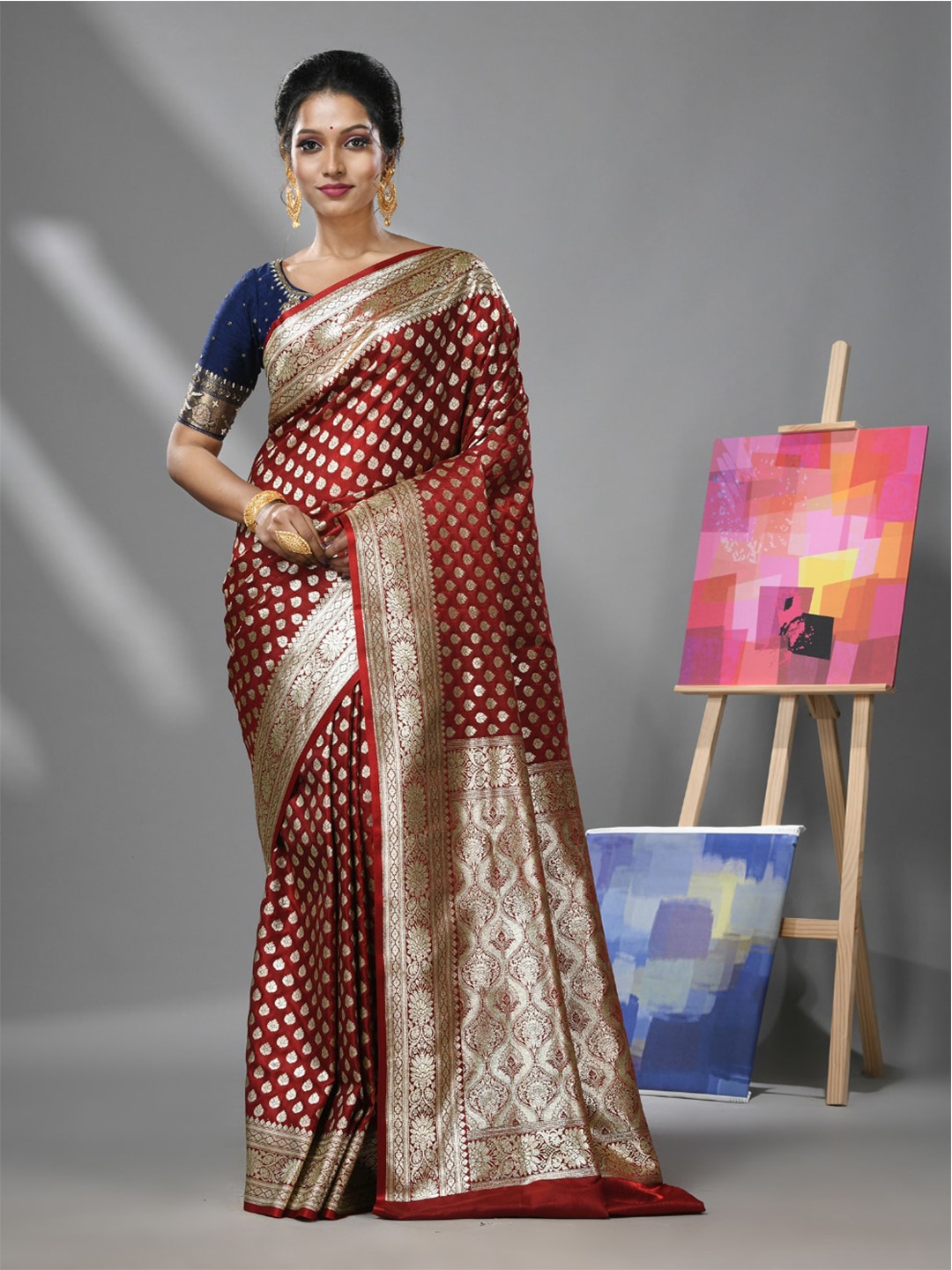 

Charukriti Ethnic motif Woven Design Banarasi Zari Saree, Red