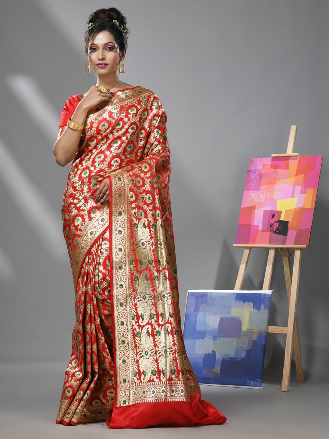

Charukriti Ethnic Woven Design Zari Pure Silk Heavy Work Banarasi Saree, Red