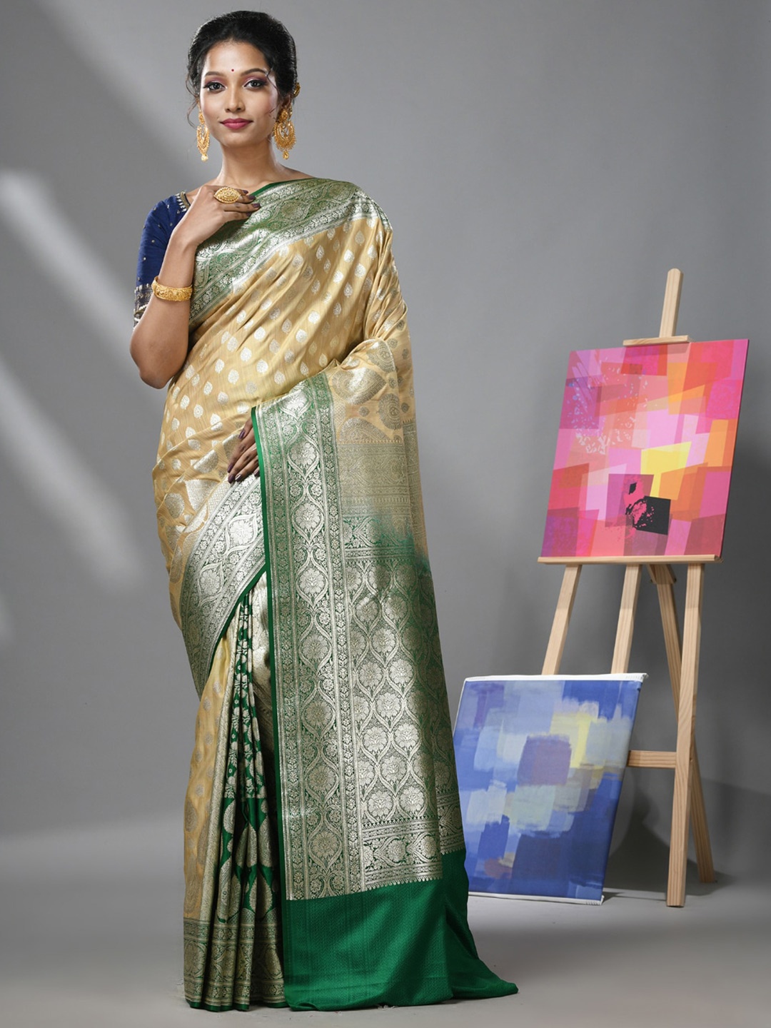 

Charukriti Ethnic Woven Design Zari Pure Silk Heavy Work Banarasi Saree, Beige