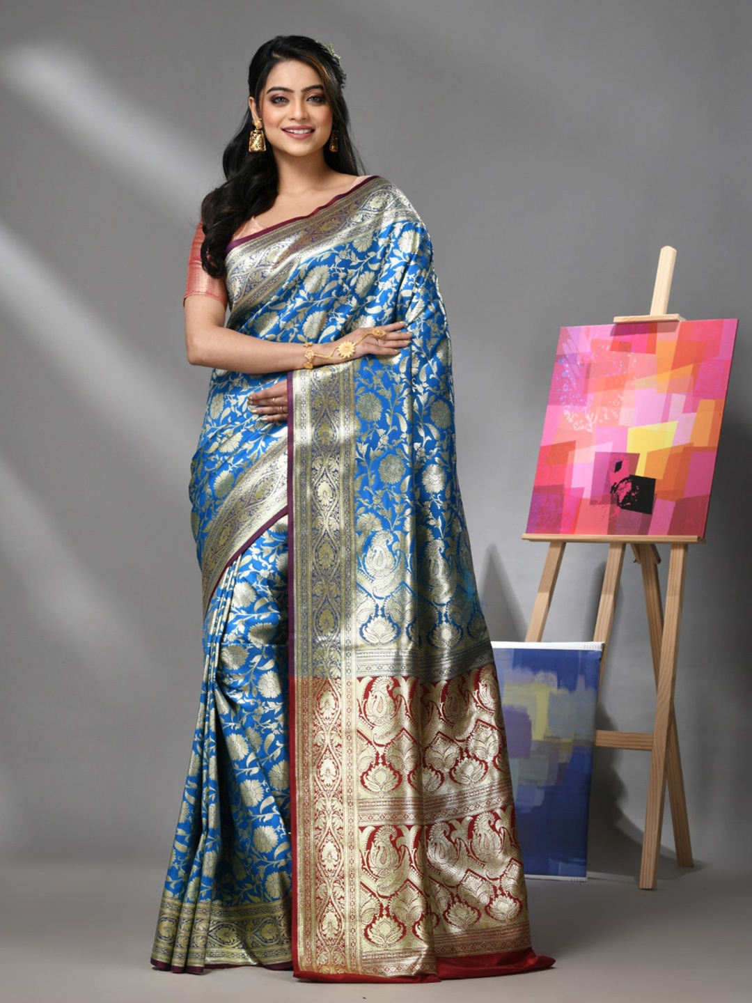 

Charukriti Ethnic Motifs Woven Design Zari Banarasi Saree, Blue
