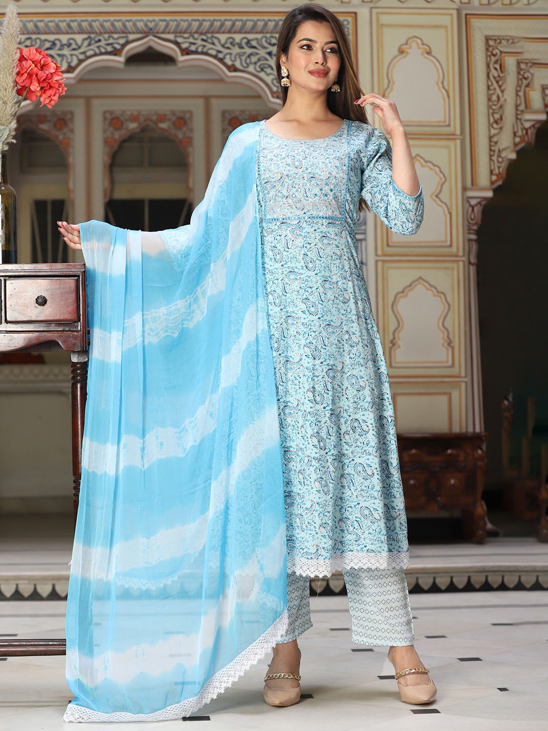 

SINGNI Paisley Printed Mirror Work Embroidered Regular Kurta With Trousers & Dupatta, Blue